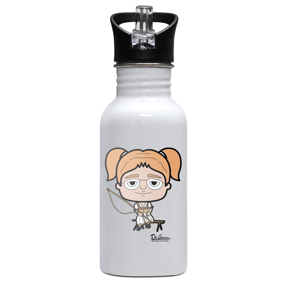 Die Jung Sinzerin Goaßlschnoizer Edelstahl Trinkflasche mit klappbarem Mundstueck 500ml Weiss Rotwand Front