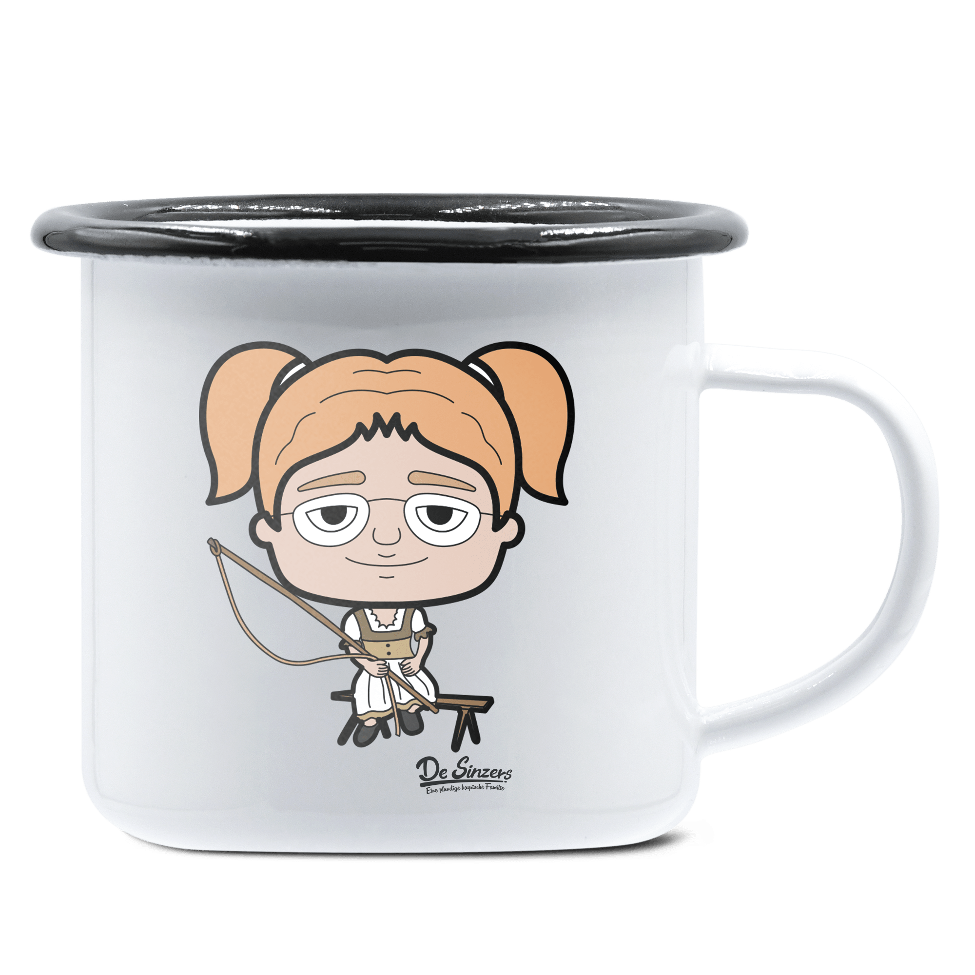 Die Jung Sinzerin Goasslschnoizer Emaille Tasse 375ml Weiss Schwarz Hochries Front