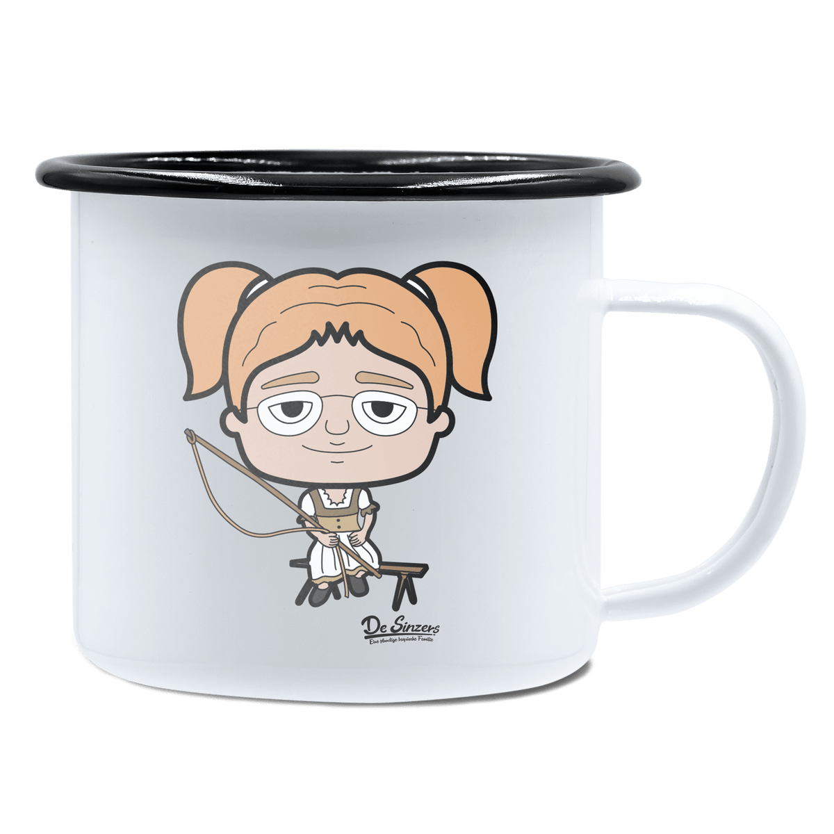 Die Jung Sinzerin Goasslschnoizer Emaille Tasse 450ml Weiss Schwarz Spitzstein Front