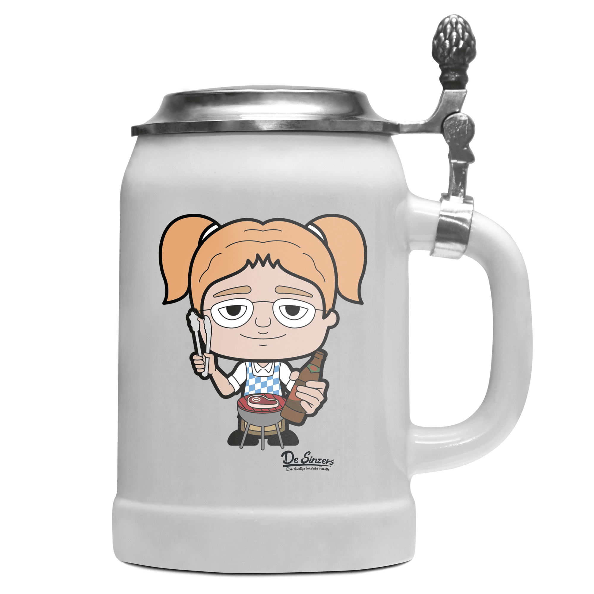 Die Jung Sinzerin Griller Bierkrug 500ml Weiss mit Deckel Wetterspitzen Front