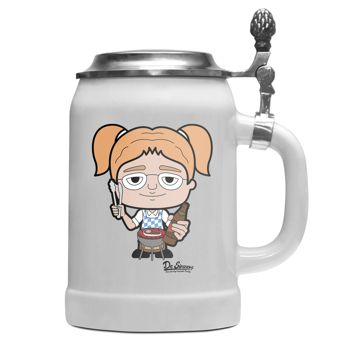 Die Jung Sinzerin Griller Bierkrug 500ml Weiss mit Deckel Wetterspitzen Front
