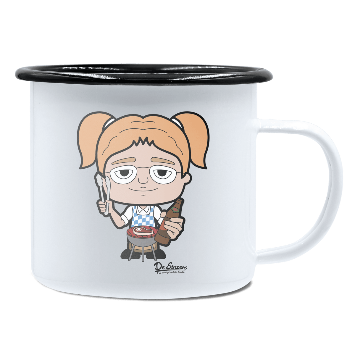 Die Jung Sinzerin Griller Emaille Tasse 450ml Weiss Schwarz Spitzstein Front