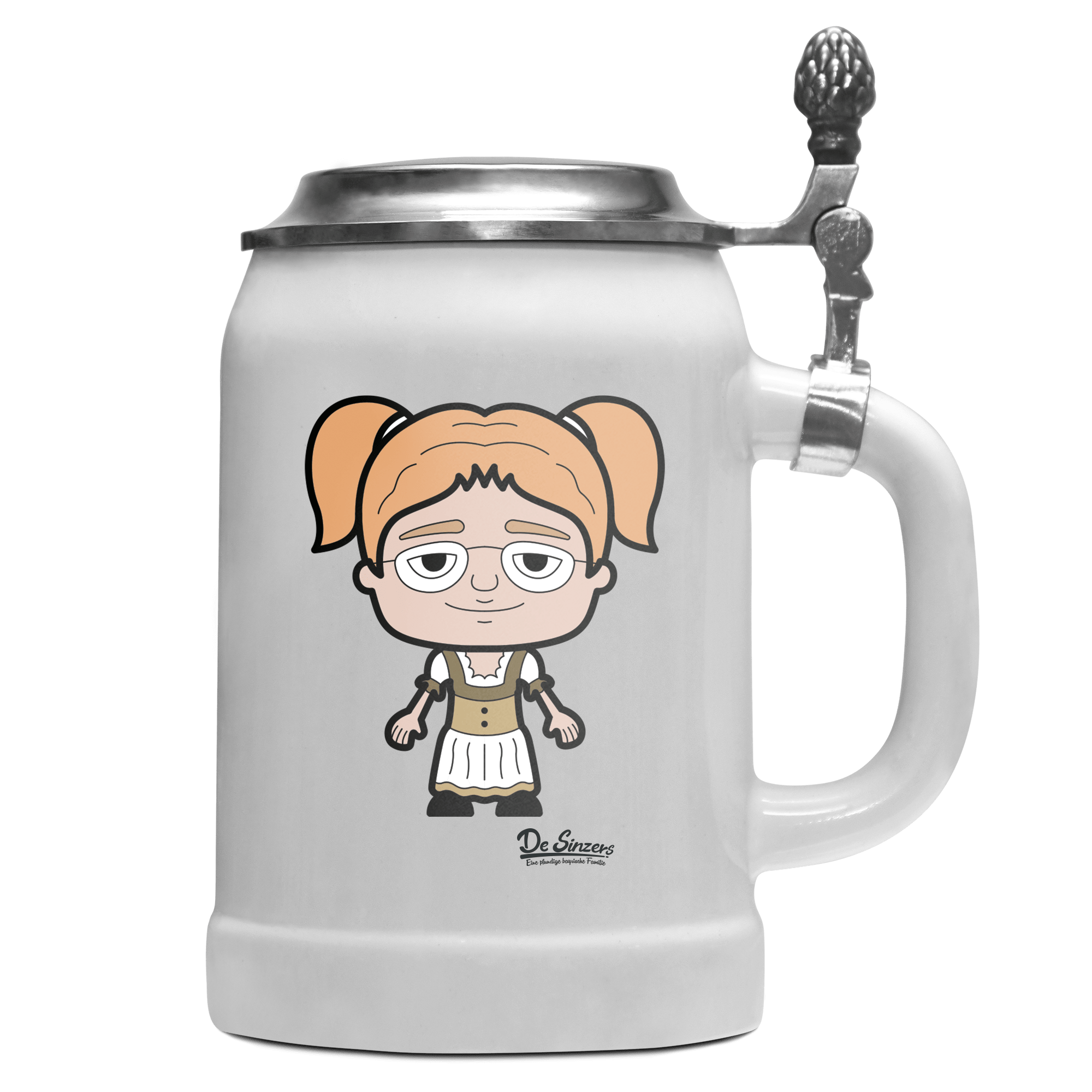 Die Jung Sinzerin Grundfiguren Bierkrug 500ml Weiss mit Deckel Wetterspitzen Front
