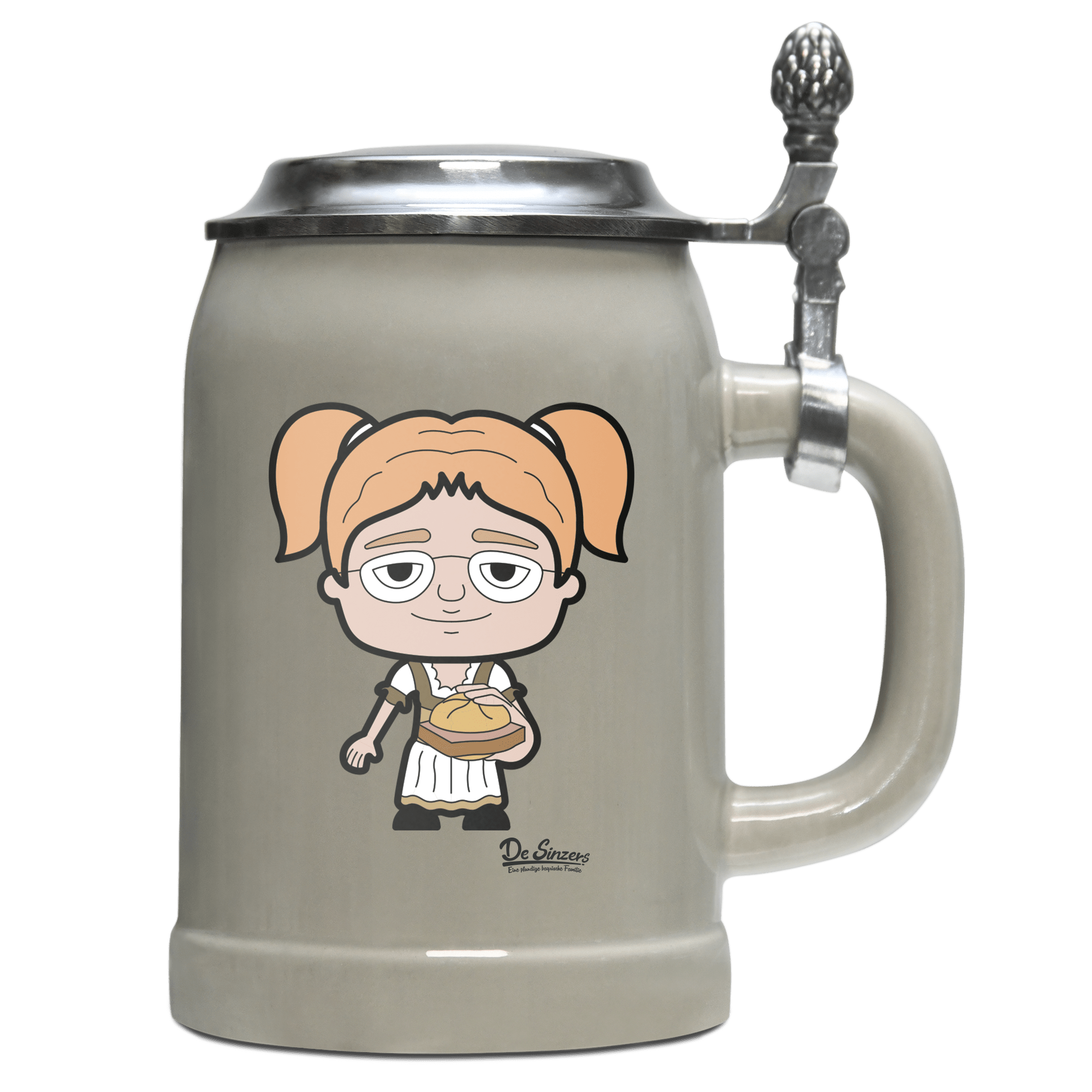 Die Jung Sinzerin Leberkassemmel Bierkrug 500ml Grau mit Deckel Hocheck Front
