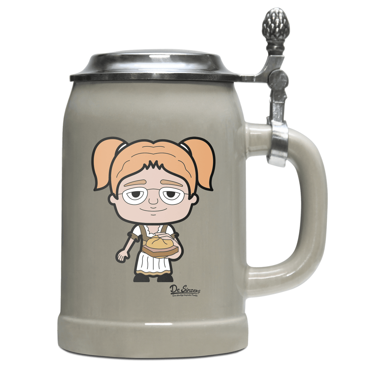 Die Jung Sinzerin Leberkassemmel Bierkrug 500ml Grau mit Deckel Hocheck Front