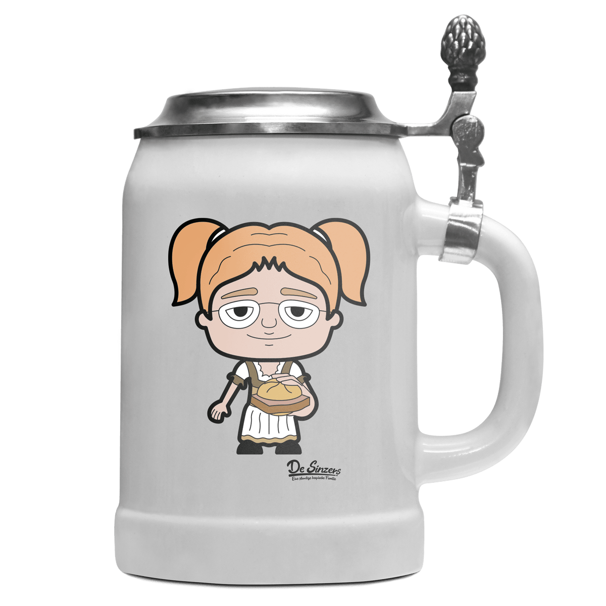 Die Jung Sinzerin Leberkassemmel Bierkrug 500ml Weiss mit Deckel Wetterspitzen Front