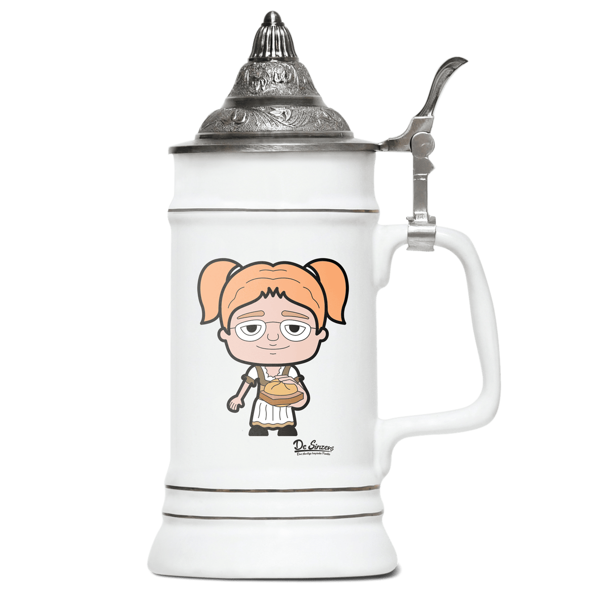 Die Jung Sinzerin Leberkassemmel Bierkrug 500ml Weiss mit Spitzdeckel Wendelstein Front