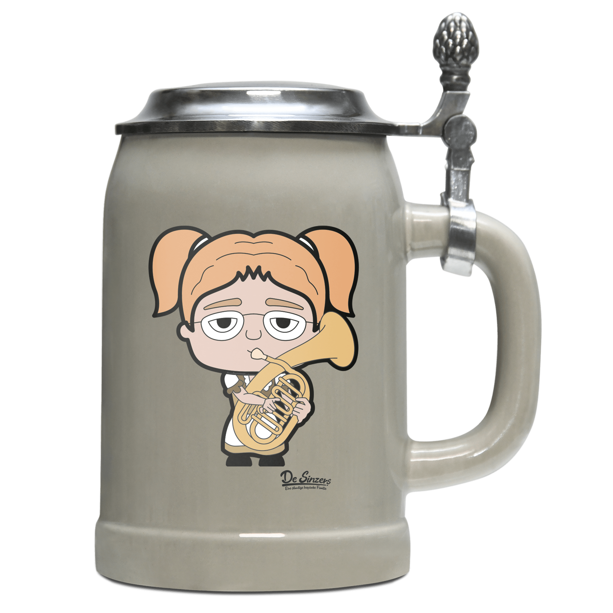 Die Jung Sinzerin Musikinstrumente Bierkrug 500ml Grau mit Deckel Hocheck Front