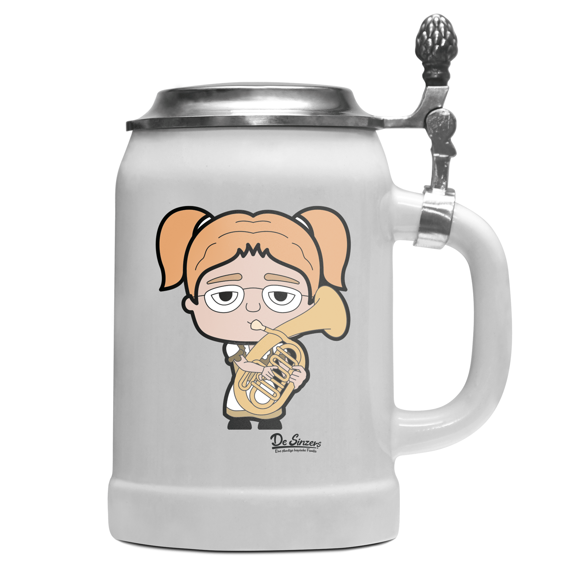 Die Jung Sinzerin Musikinstrumente Bierkrug 500ml Weiss mit Deckel Wetterspitzen Front