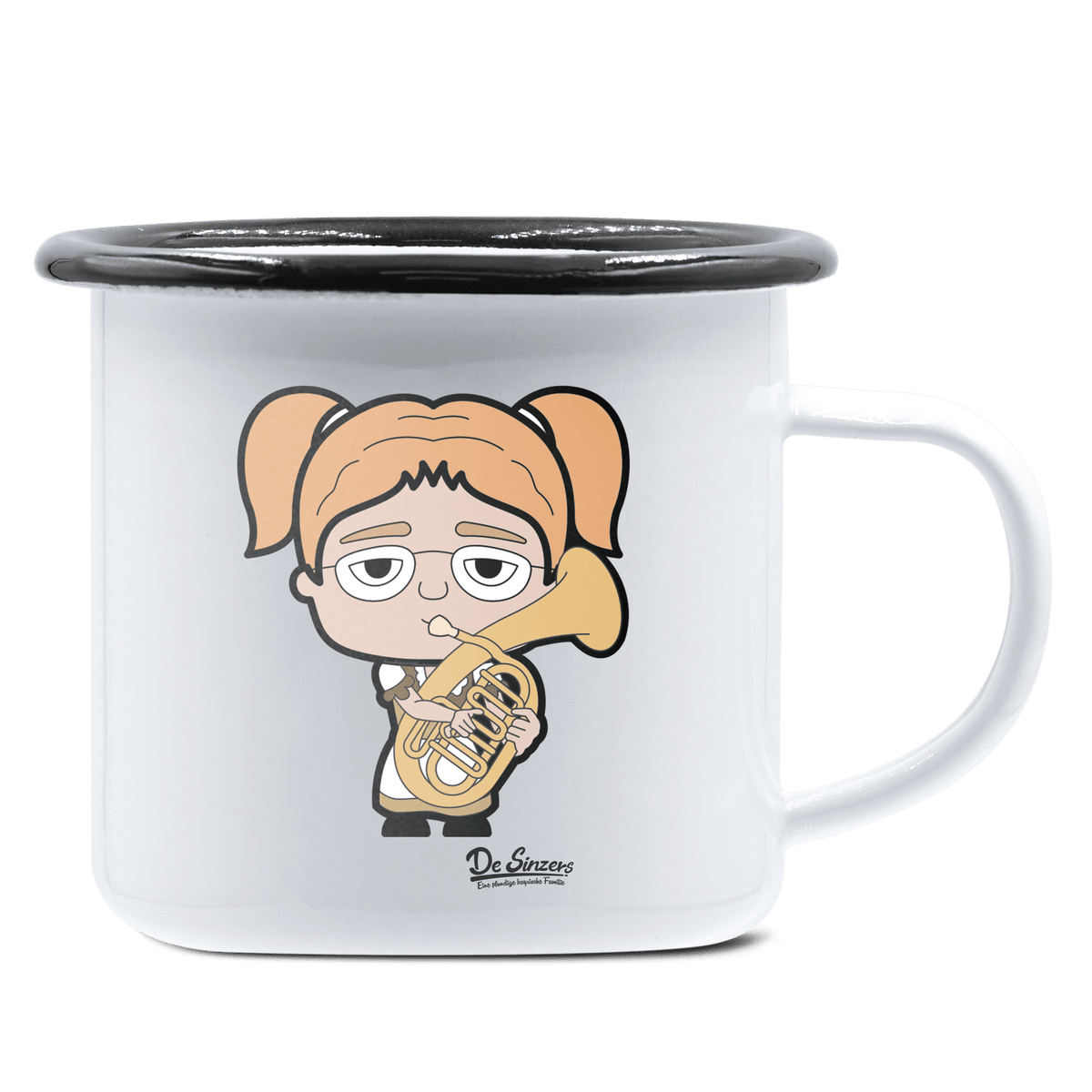 Die Jung Sinzerin Musikinstrumente Emaille Tasse 375ml Weiss Schwarz Hochries Front