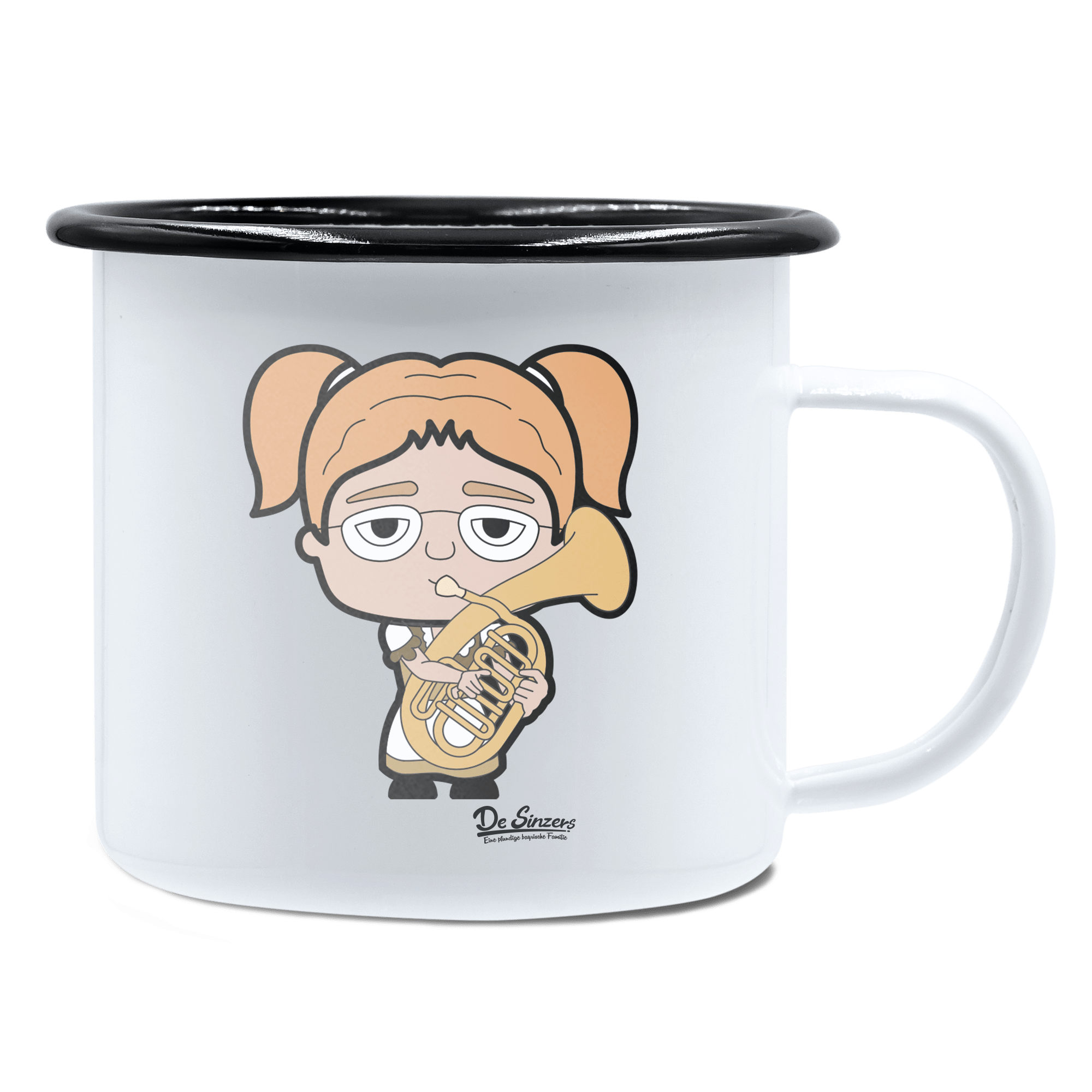 Die Jung Sinzerin Musikinstrumente Emaille Tasse 450ml Weiss Schwarz Spitzstein Front