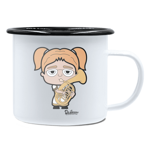 Die Jung Sinzerin Musikinstrumente Emaille Tasse 450ml Weiss Schwarz Spitzstein Front