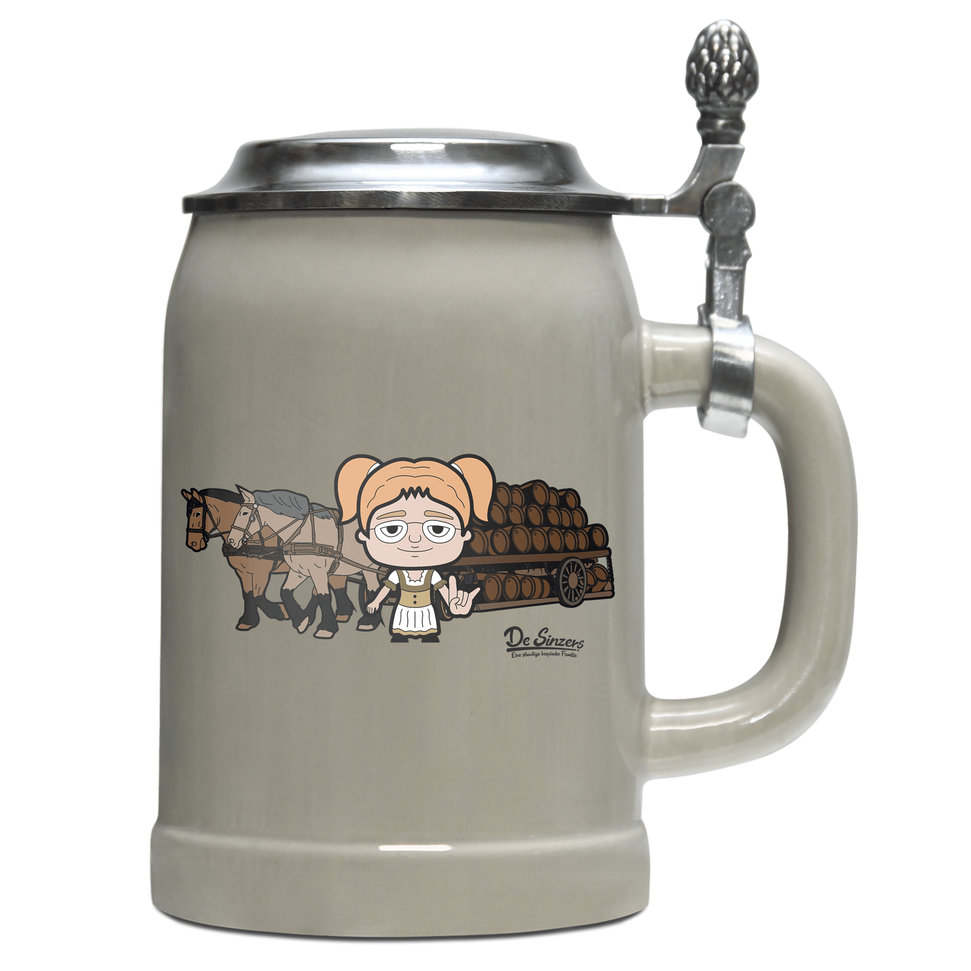 Die Jung Sinzerin Pferdegespann Bierkrug 500ml Grau mit Deckel Hocheck Front