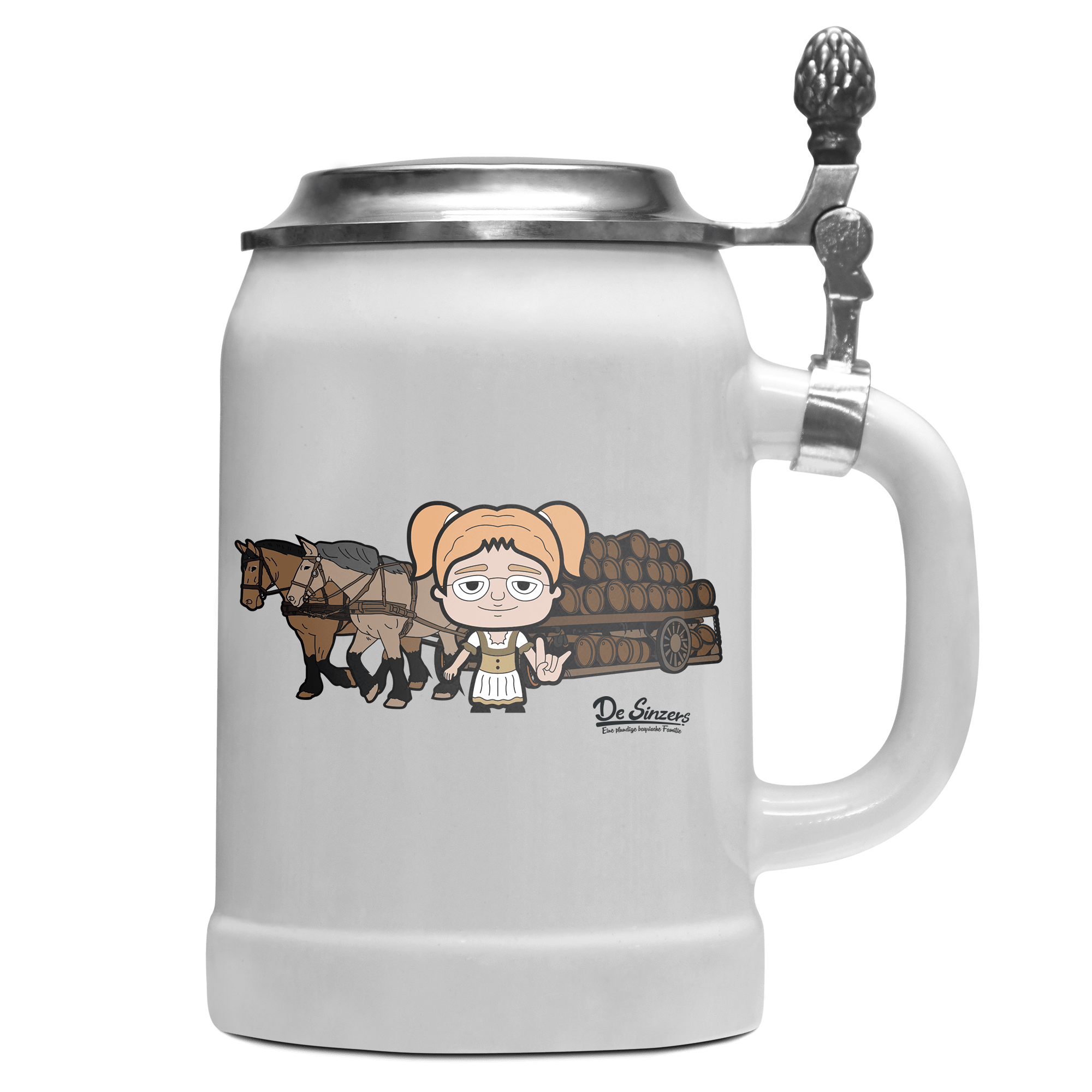 Die Jung Sinzerin Pferdegespann Bierkrug 500ml Weiss mit Deckel Wetterspitzen Front