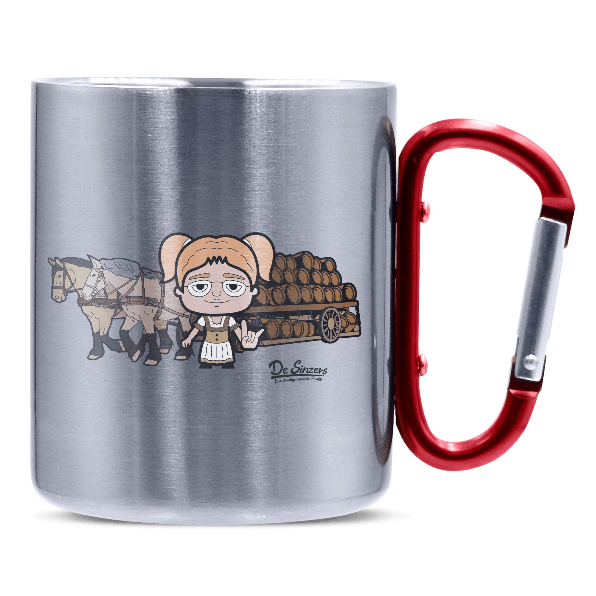 Die Jung Sinzerin Pferdegespann Edelstahl Kaffeetasse roter Karabiner 320ml Kitzstein Front