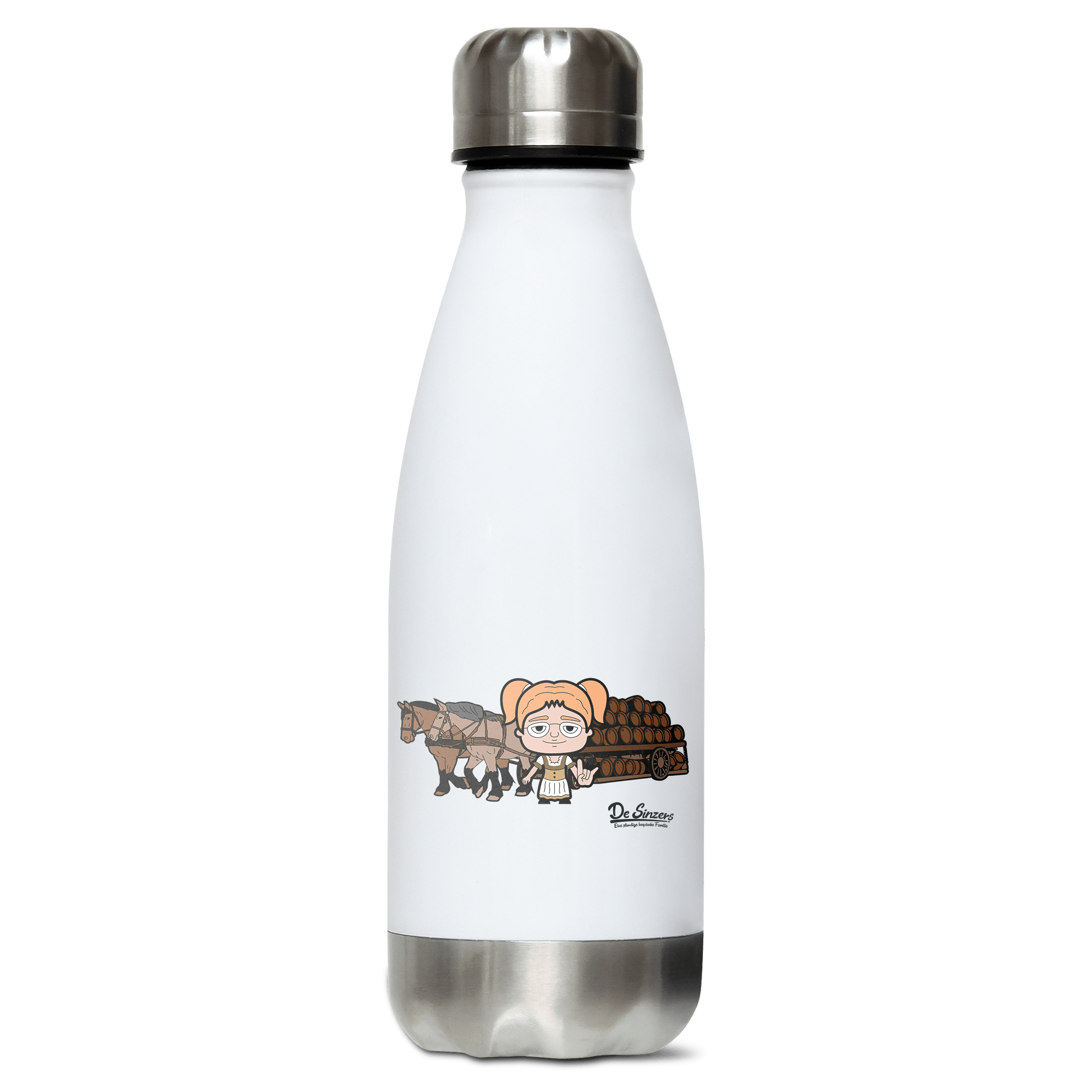 Die Jung Sinzerin Pferdegespann Edelstahl Thermoflasche 350ml Weiss Silber Kreuzspitze Front