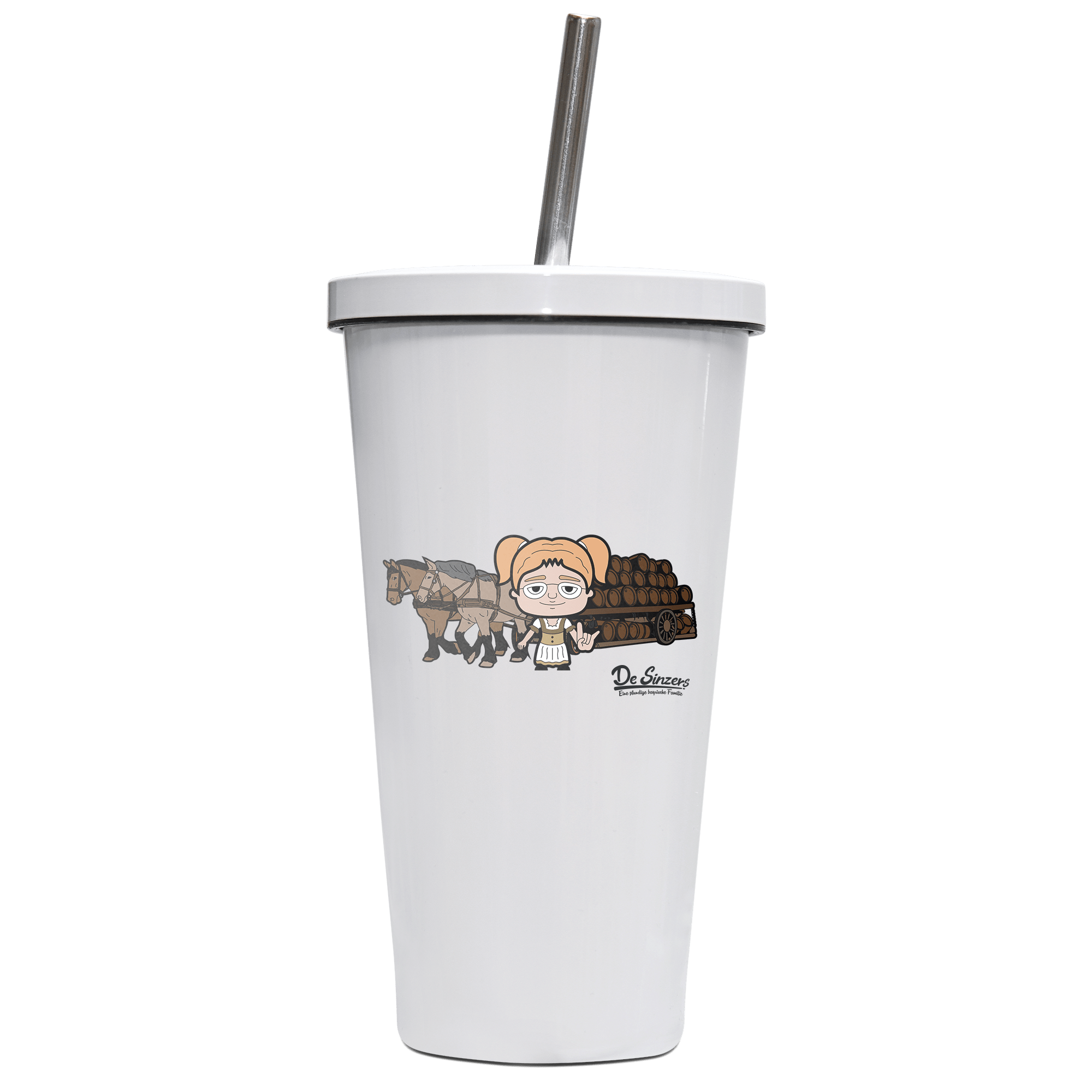 Die Jung Sinzerin Pferdegespann Edelstahl Trinkbecher mit Strohhalm 480ml Weiss Krottenkopf Front