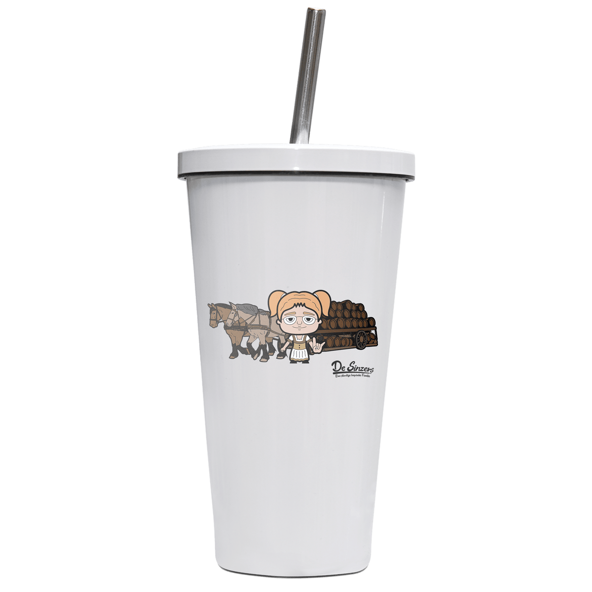 Die Jung Sinzerin Pferdegespann Edelstahl Trinkbecher mit Strohhalm 480ml Weiss Krottenkopf Front