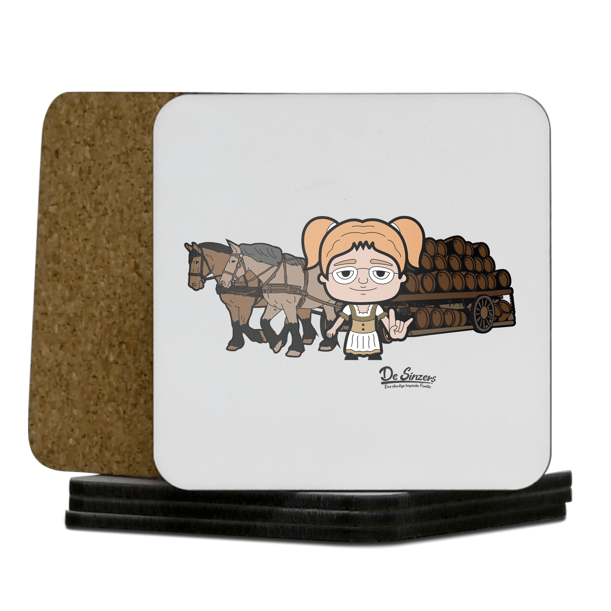 Die Jung Sinzerin Pferdegespann Korkuntersetzer 5er Set 95 x 95 mm Weiss Karkopf Front