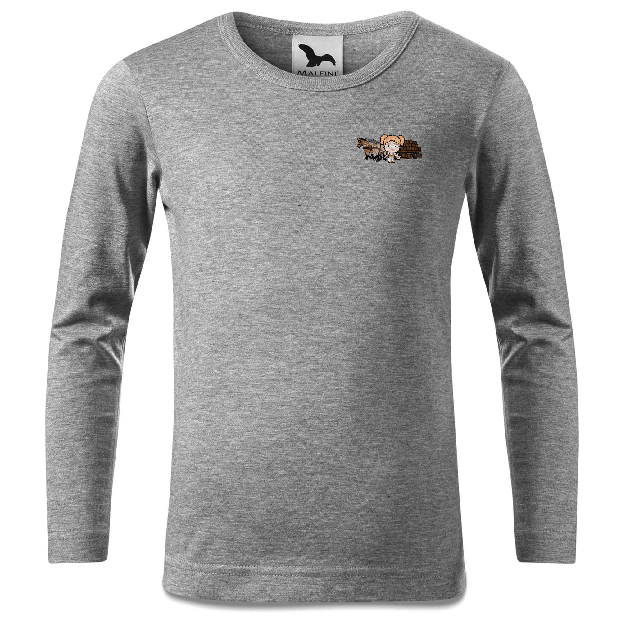 Die Jung Sinzerin Pferdegespann Longsleeve Kinder Grau Meliert Weinberg Front