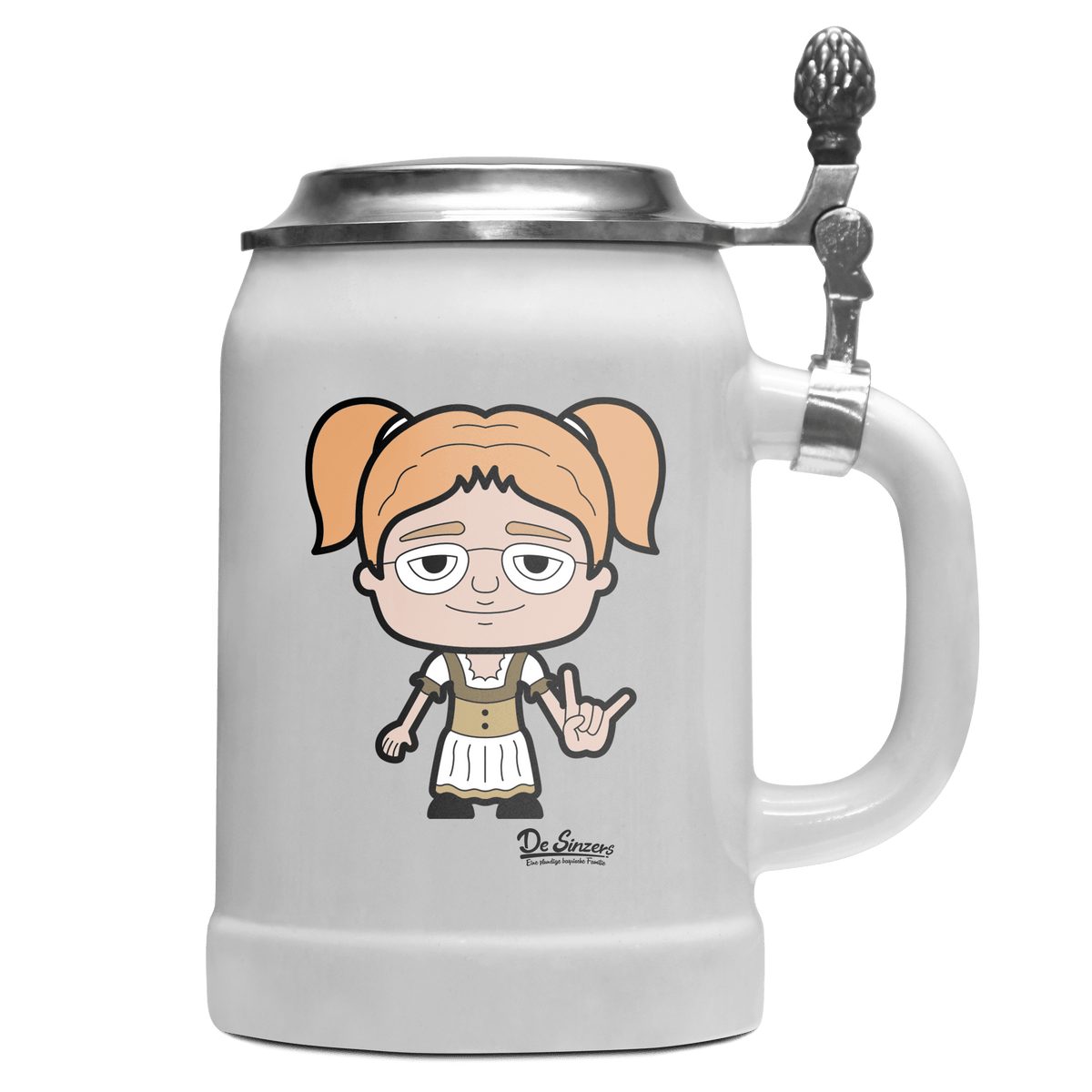 Die Jung Sinzerin Rocking Fingers Bierkrug 500ml Weiss mit Deckel Wetterspitzen Front