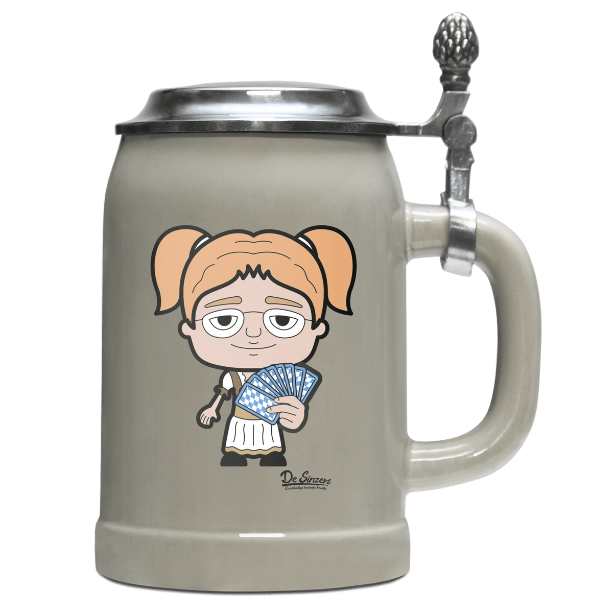 Die Jung Sinzerin Schafkopfen Bierkrug 500ml Grau mit Deckel Hocheck Front