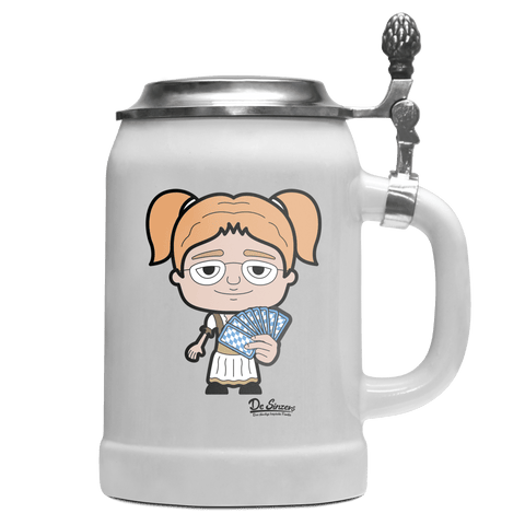 Die Jung Sinzerin Schafkopfen Bierkrug 500ml Weiss mit Deckel Wetterspitzen Front