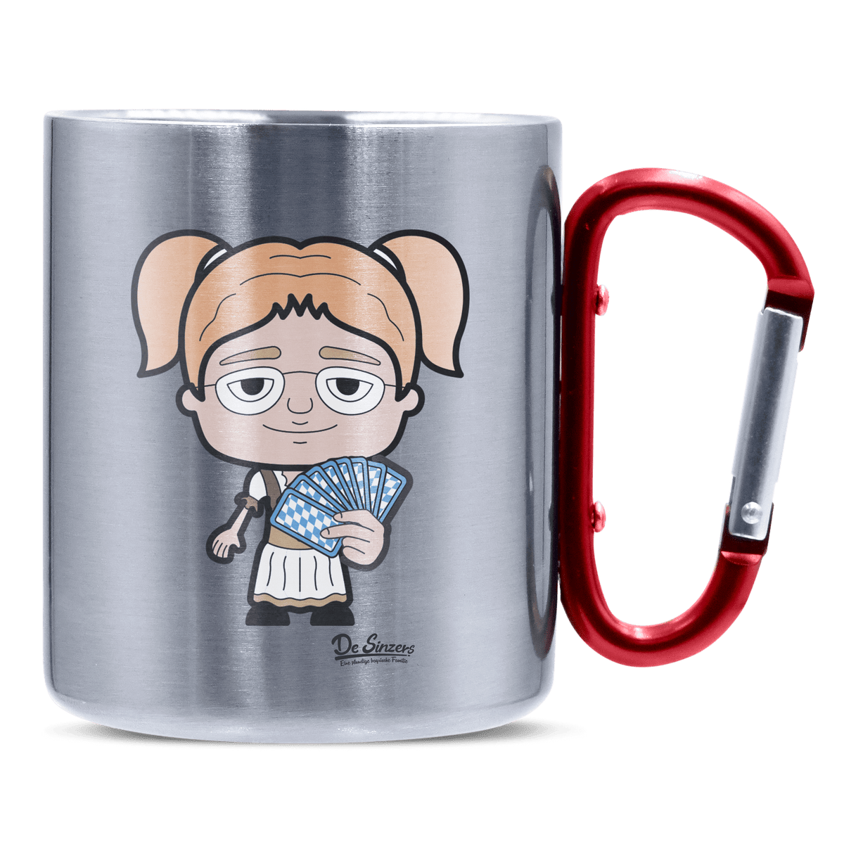 Die Jung Sinzerin Schafkopfen Edelstahl Kaffeetasse roter Karabiner 320ml Kitzstein Front