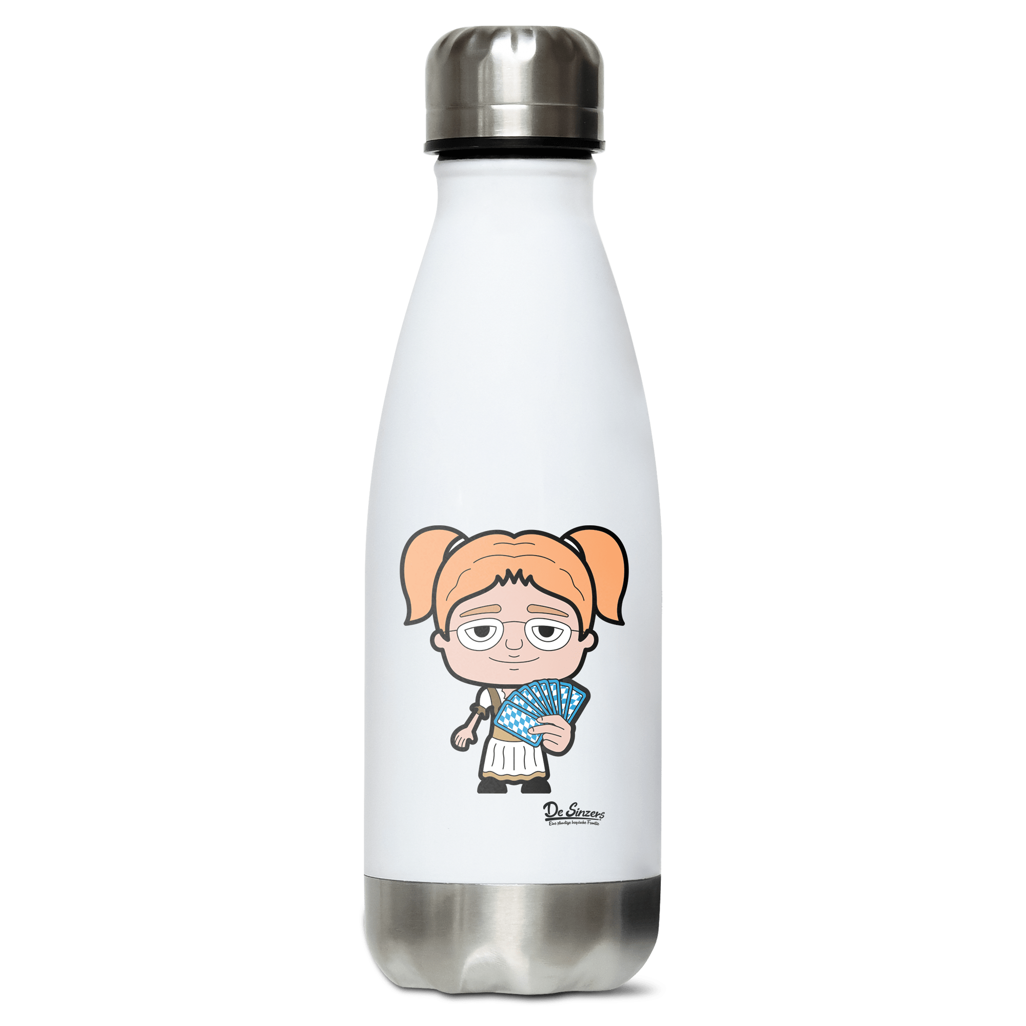 Die Jung Sinzerin Schafkopfen Edelstahl Thermoflasche 350ml Weiss Silber Kreuzspitze Front