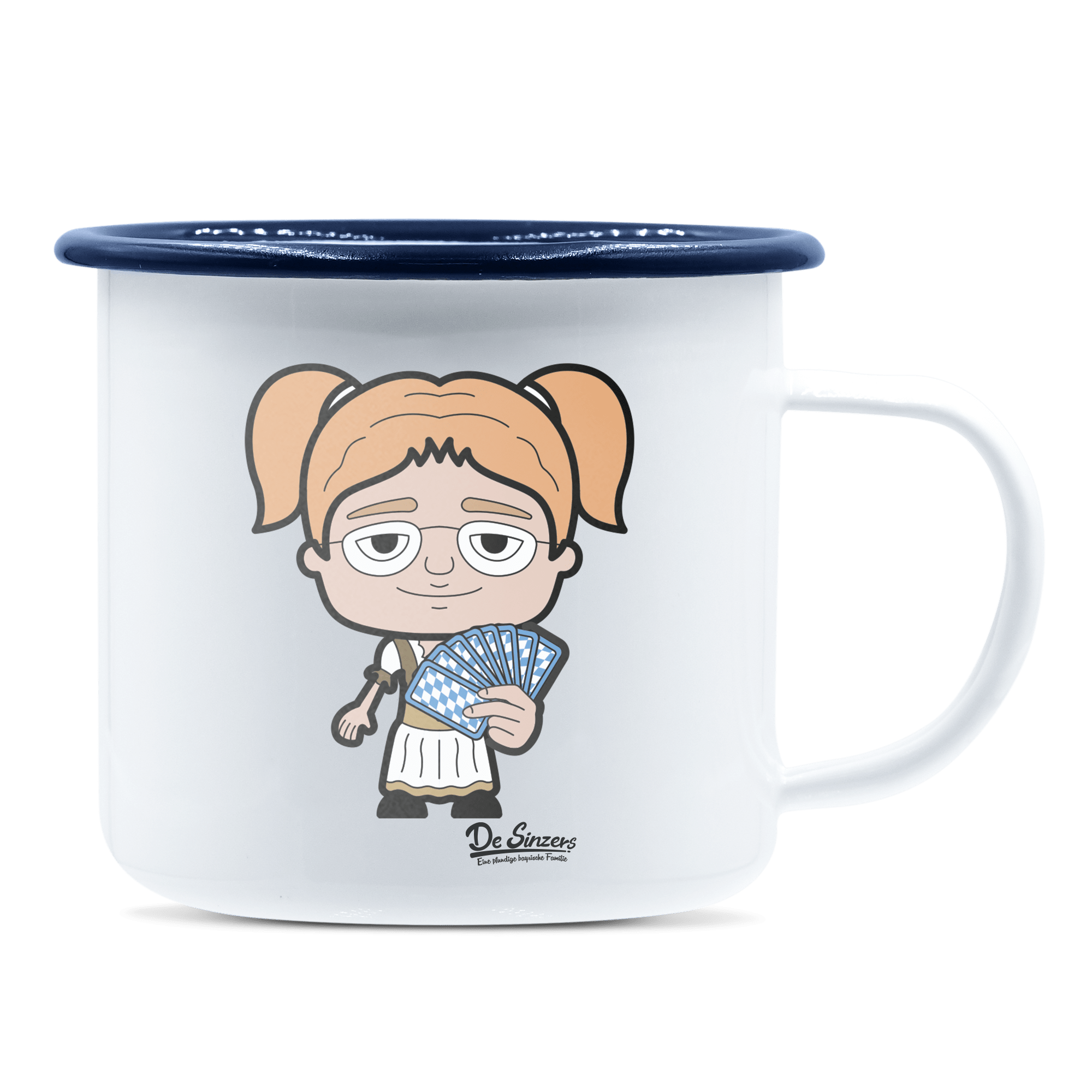 Die Jung Sinzerin Schafkopfen Emaille Tasse 375ml Weiss Blau Heuberg Front