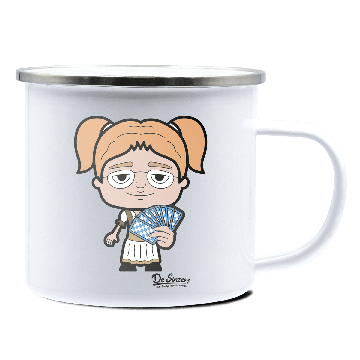 Die Jung Sinzerin Schafkopfen Emaille Tasse 375ml Weiss Silber Kampenwand Front