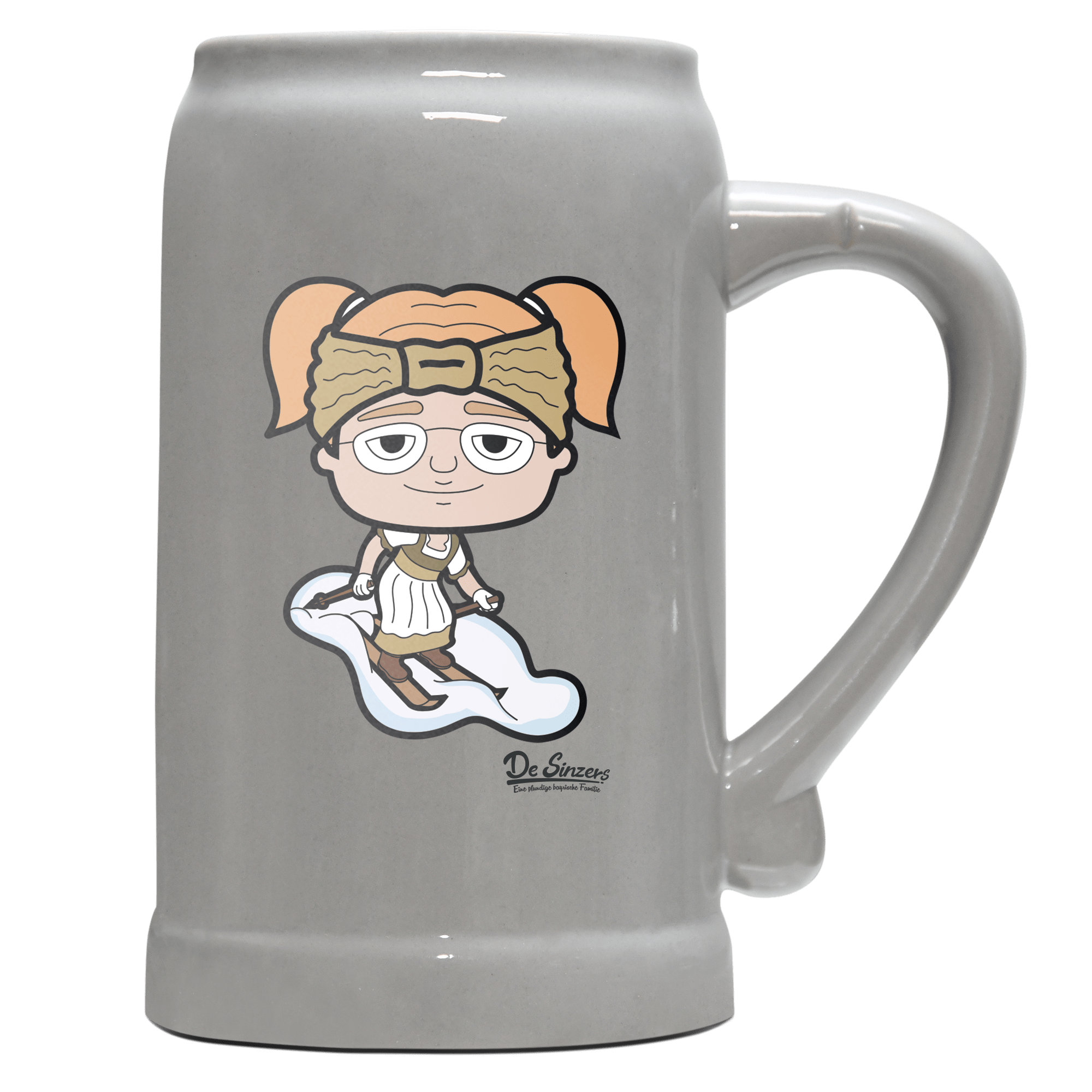 Die Jung Sinzerin Skifahrer Bierkrug 1000ml Grau Zugspitze Front