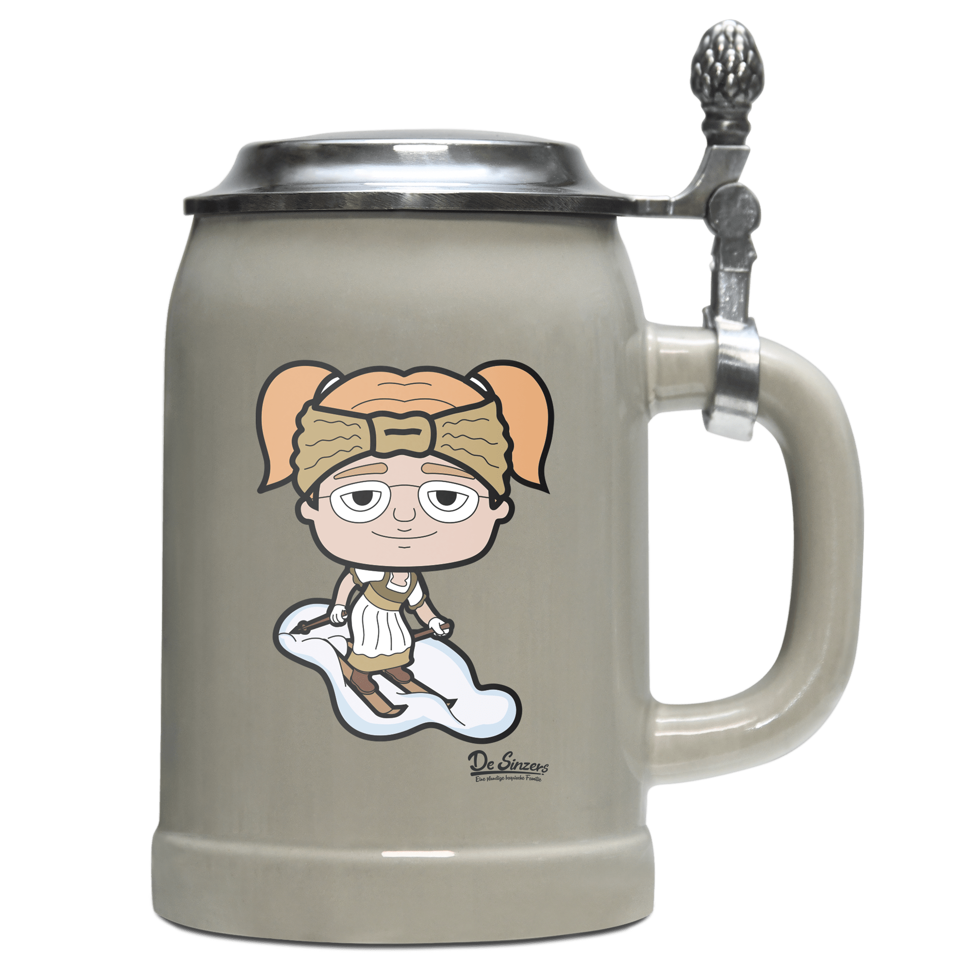 Die Jung Sinzerin Skifahrer Bierkrug 500ml Grau mit Deckel Hocheck Front