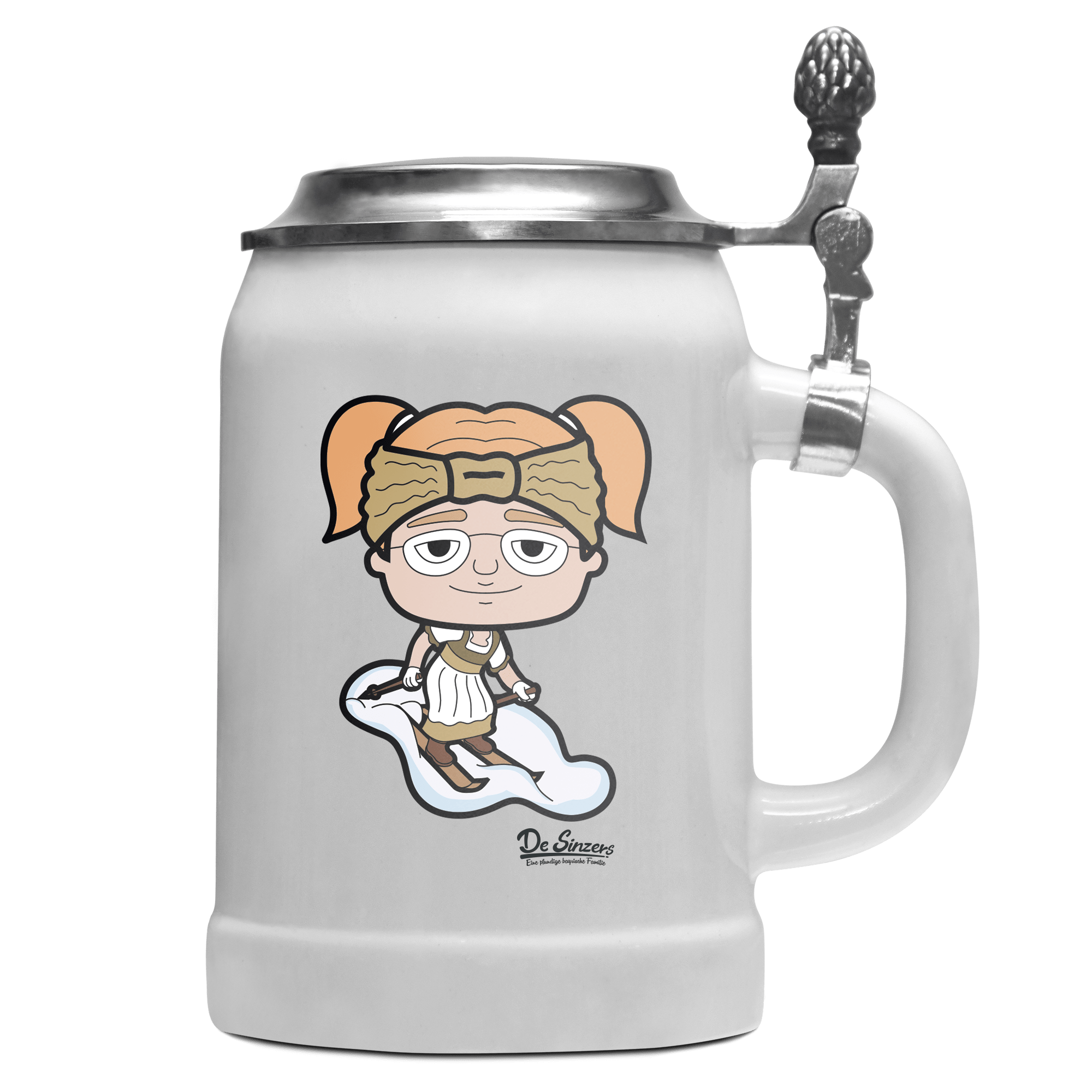 Die Jung Sinzerin Skifahrer Bierkrug 500ml Weiss mit Deckel Wetterspitzen Front