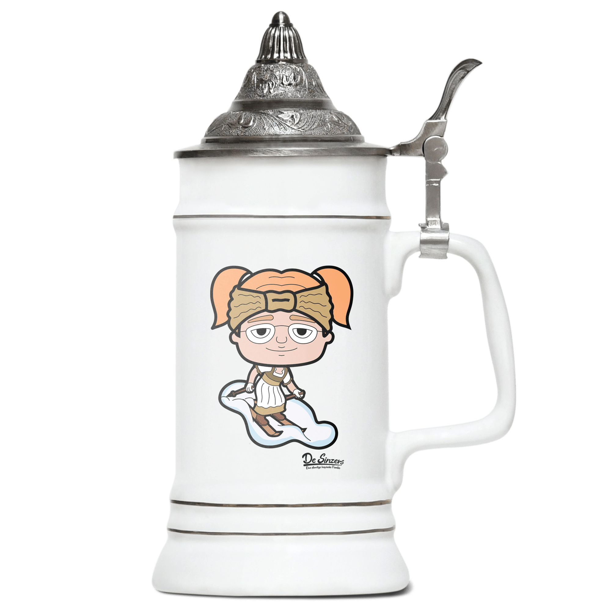 Die Jung Sinzerin Skifahrer Bierkrug 500ml Weiss mit Spitzdeckel Wendelstein Front
