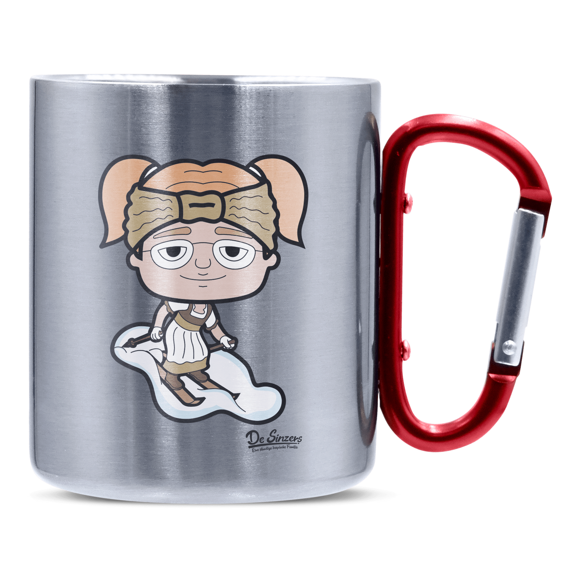 Die Jung Sinzerin Skifahrer Edelstahl Kaffeetasse roter Karabiner 320ml Kitzstein Front