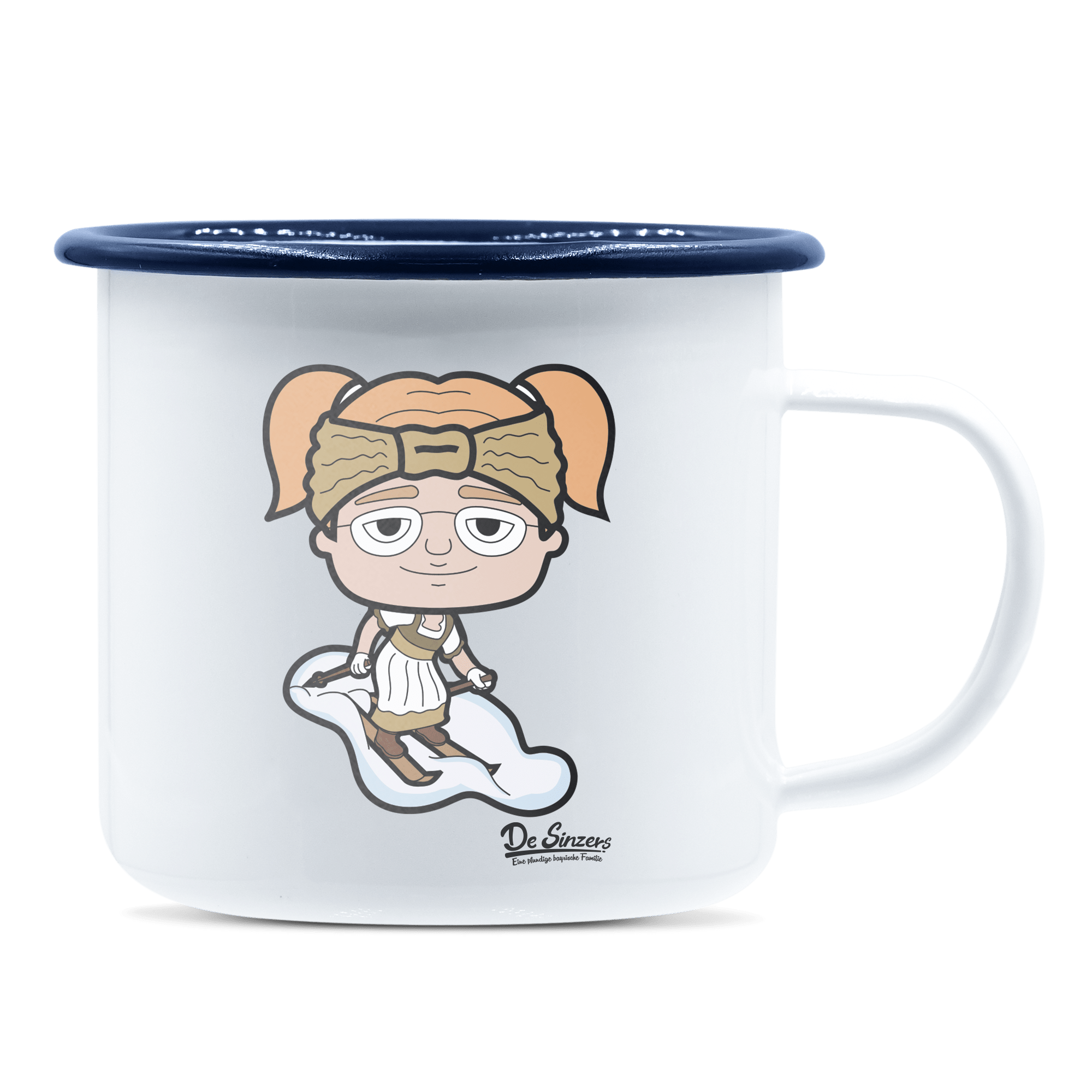 Die Jung Sinzerin Skifahrer Emaille Tasse 375ml Weiss Blau Heuberg Front