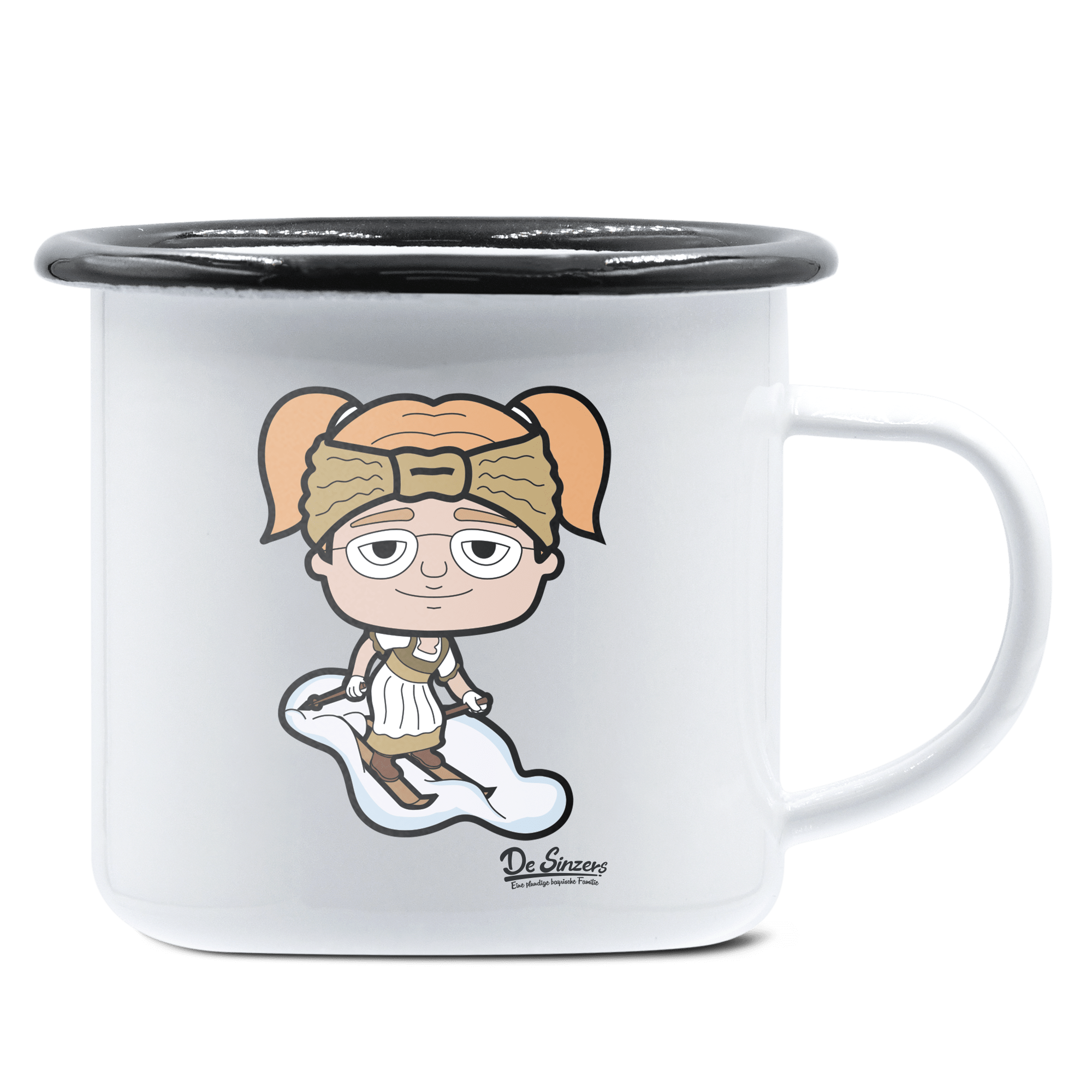 Die Jung Sinzerin Skifahrer Emaille Tasse 375ml Weiss Schwarz Hochries Front