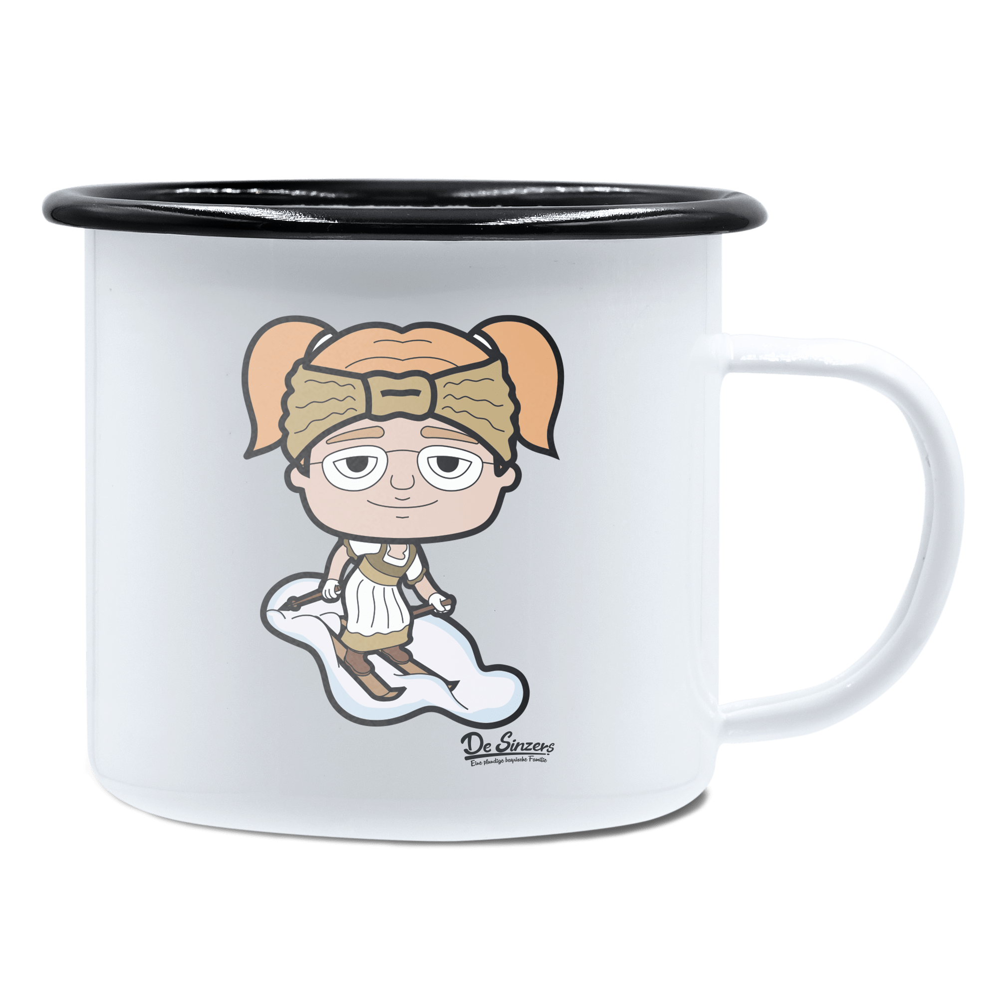 Die Jung Sinzerin Skifahrer Emaille Tasse 450ml Weiss Schwarz Spitzstein Front