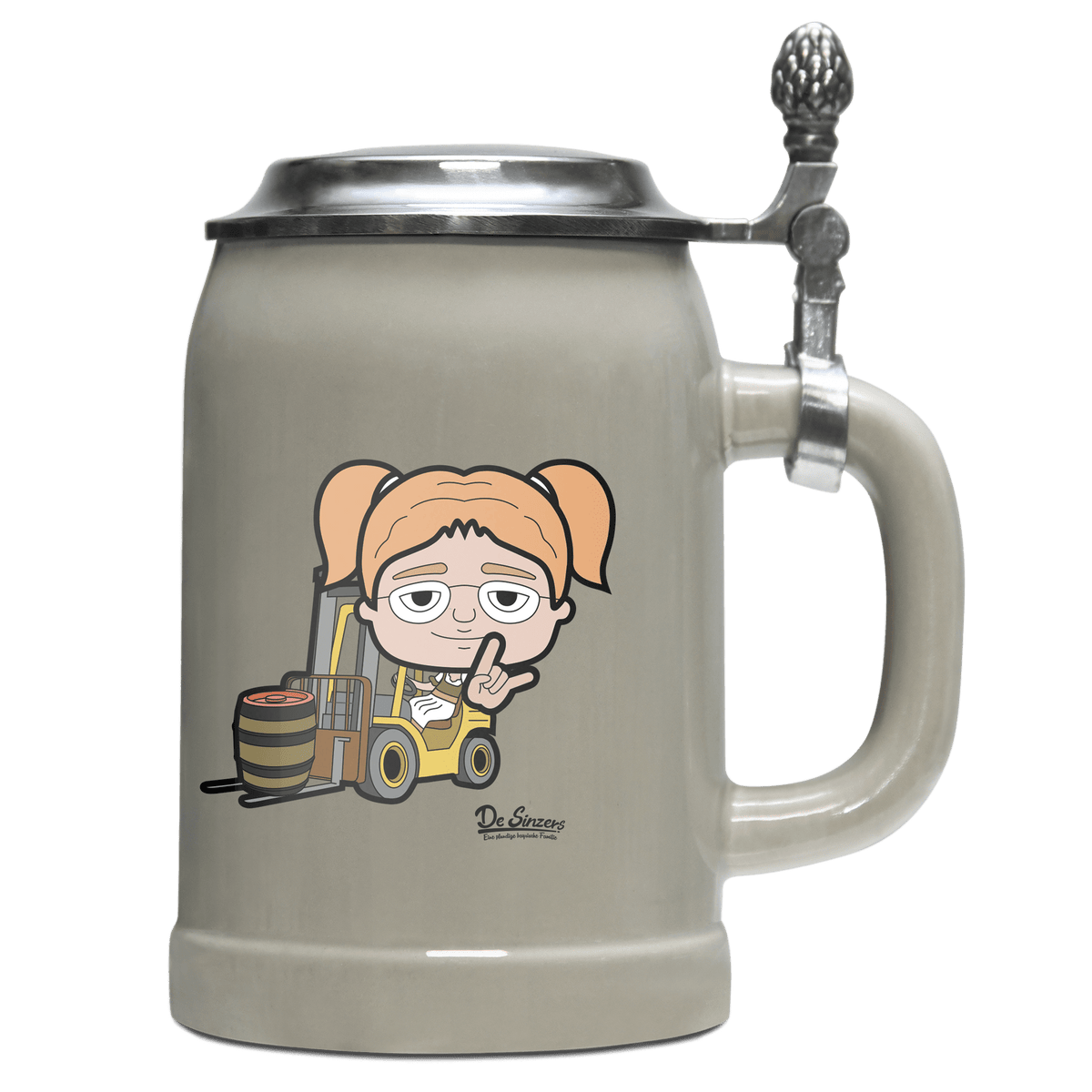 Die Jung Sinzerin Staplerfahrer Bierkrug 500ml Grau mit Deckel Hocheck Front