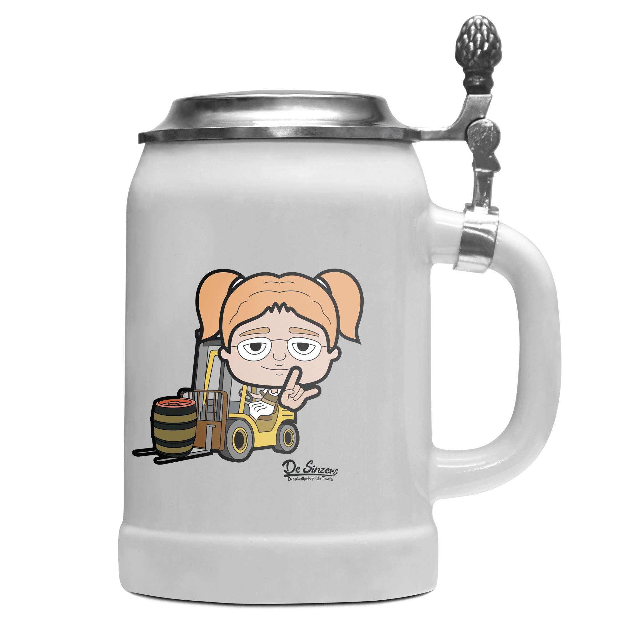 Die Jung Sinzerin Staplerfahrer Bierkrug 500ml Weiss mit Deckel Wetterspitzen Front