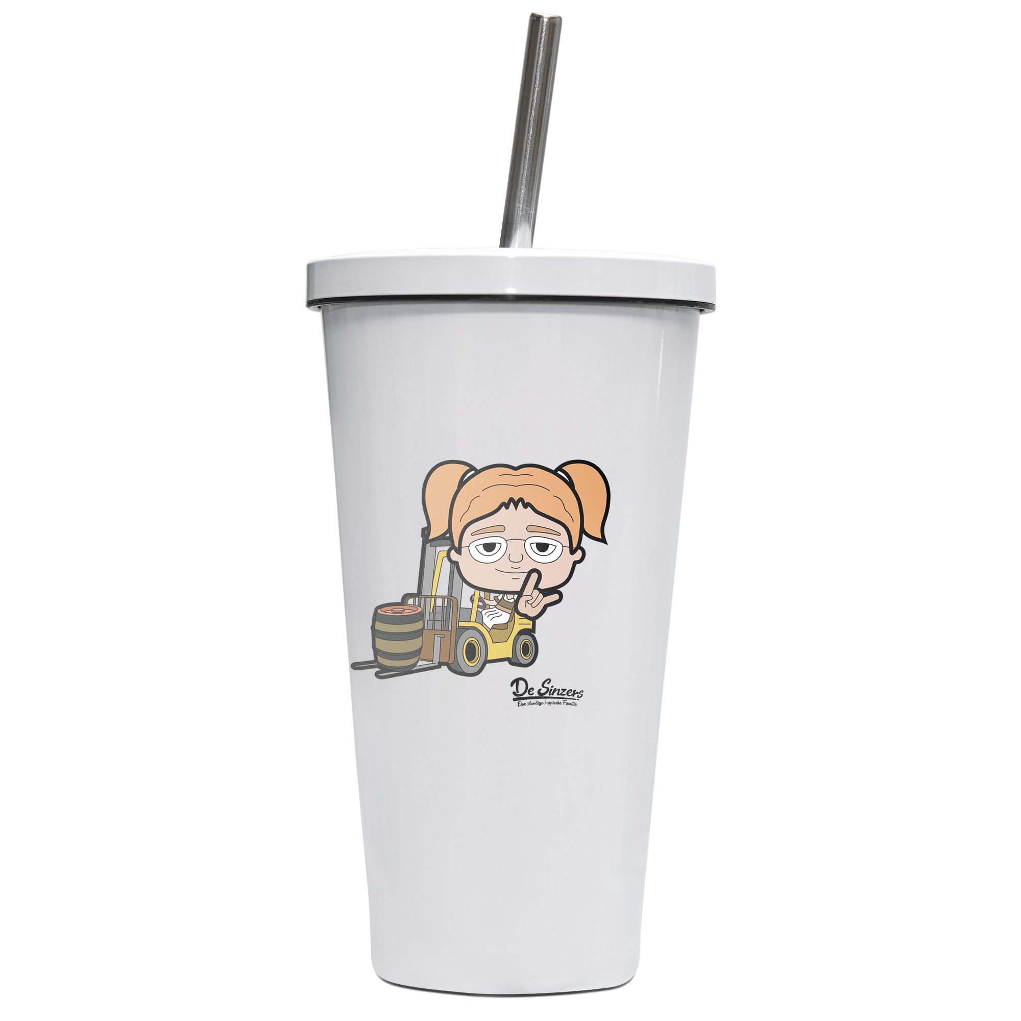 Die Jung Sinzerin Staplerfahrer Edelstahl Trinkbecher mit Strohhalm 480ml Weiss Krottenkopf Front