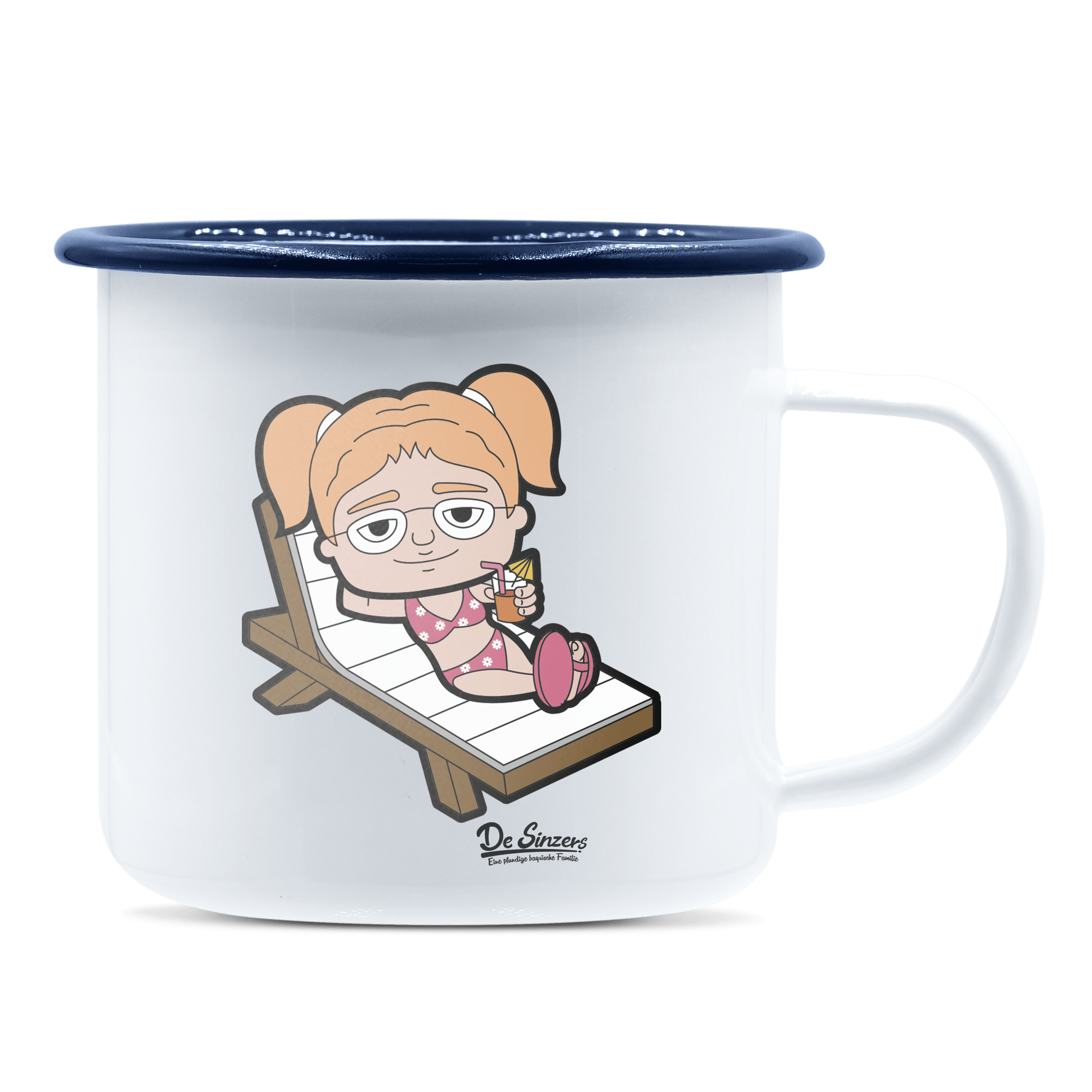 Die Jung Sinzerin Summer Edition Emaille Tasse 375ml Weiss Blau Heuberg Front