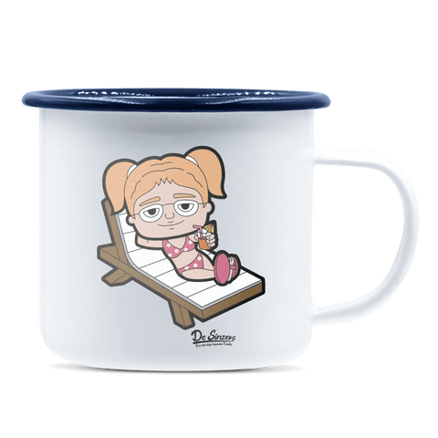 Die Jung Sinzerin Summer Edition Emaille Tasse 375ml Weiss Blau Heuberg Front