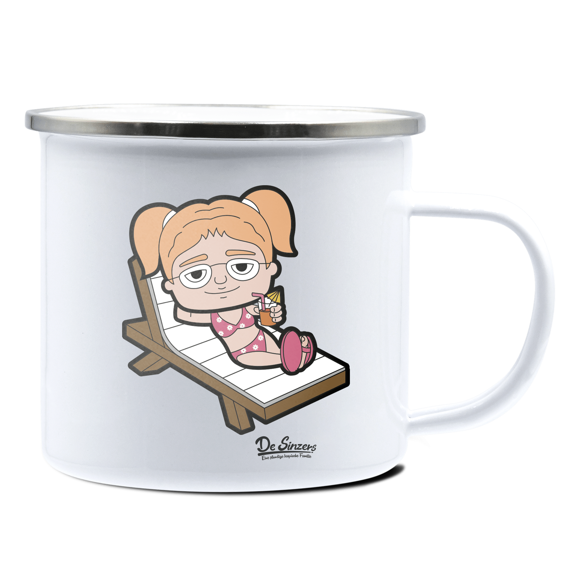 Die Jung Sinzerin Summer Edition Emaille Tasse 375ml Weiss Silber Kampenwand Front