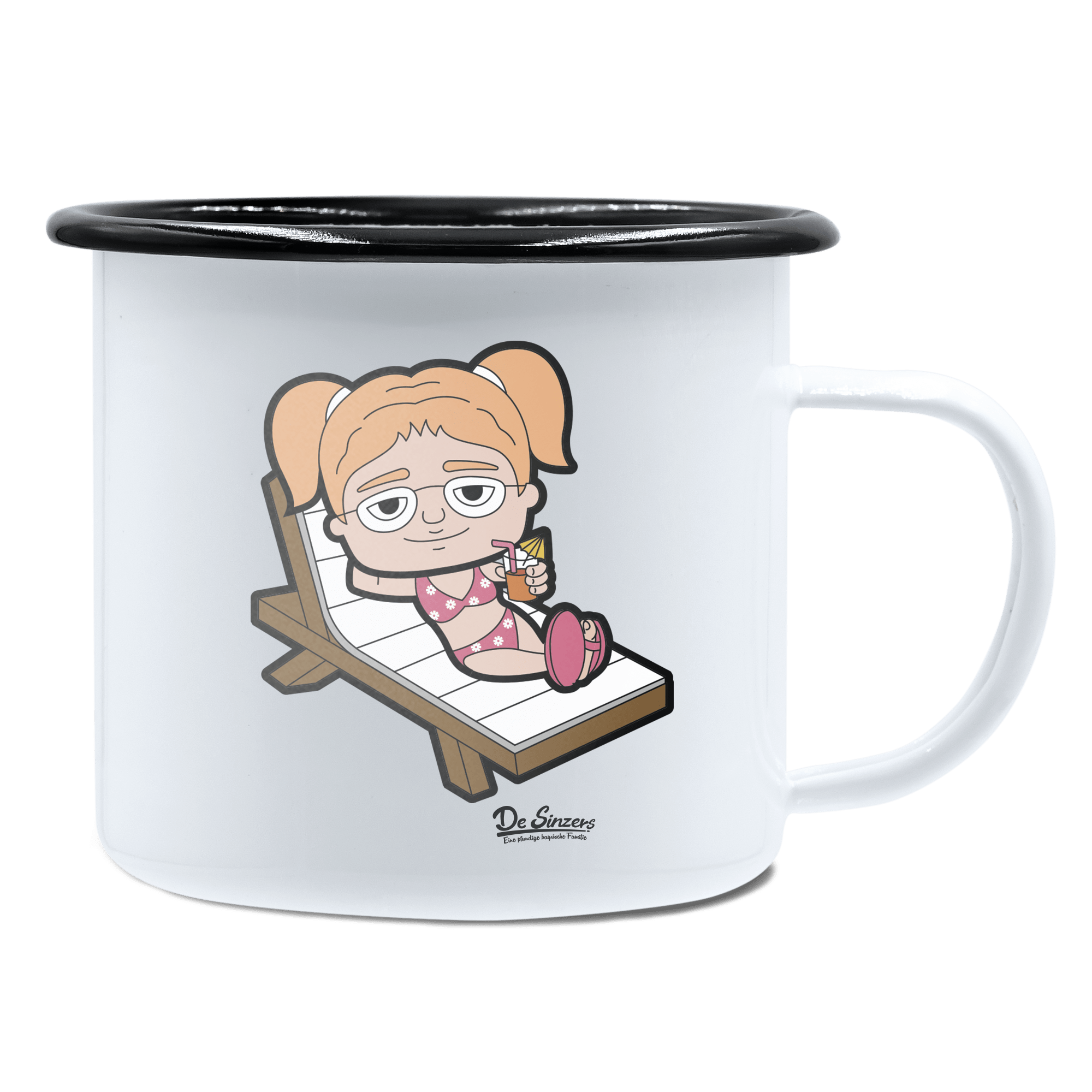 Die Jung Sinzerin Summer Edition Emaille Tasse 450ml Weiss Schwarz Spitzstein Front