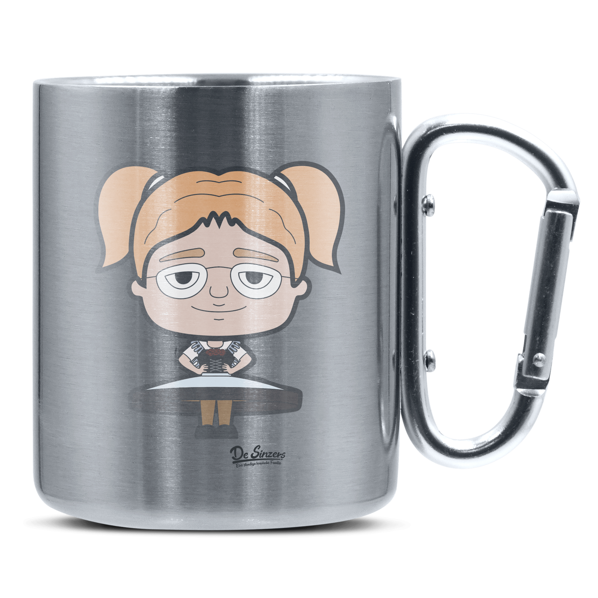 Die Jung Sinzerin Trachtenverein Edelstahl Kaffeetasse silberer Karabiner 320ml Grosser Traithen Front