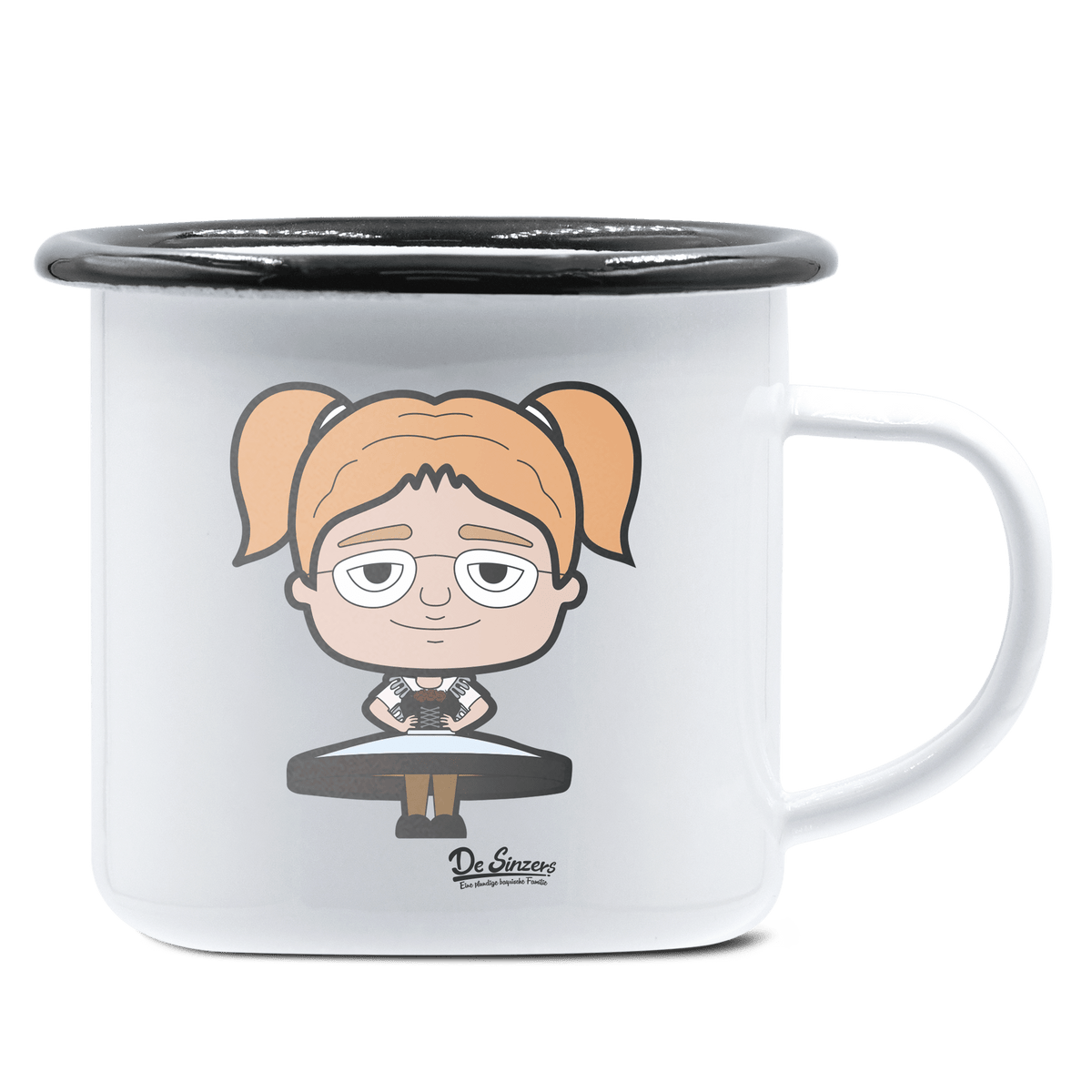 Die Jung Sinzerin Trachtenverein Emaille Tasse 375ml Weiss Schwarz Hochries Front