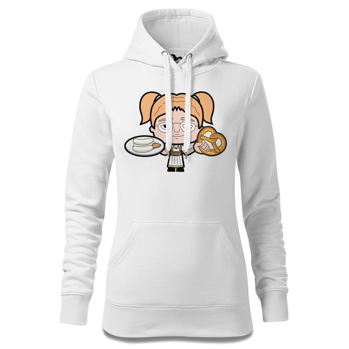 Die Jung Sinzerin Weißwurscht und Brezn Sweatshirt Hoody Damen Weiss Eckenholz Front