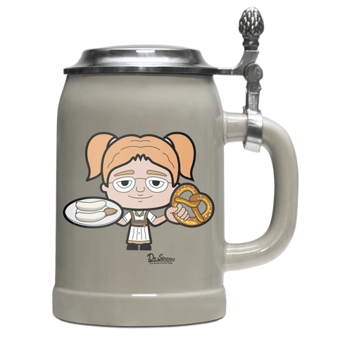 Die Jung Sinzerin Weisswurscht und Brezn Bierkrug 500ml Grau mit Deckel Hocheck Front